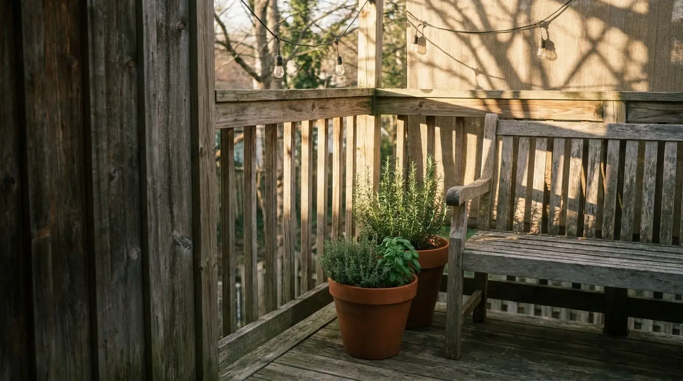 Potted herbs and a wooden bench on a sunlit outdoor patio with string lights