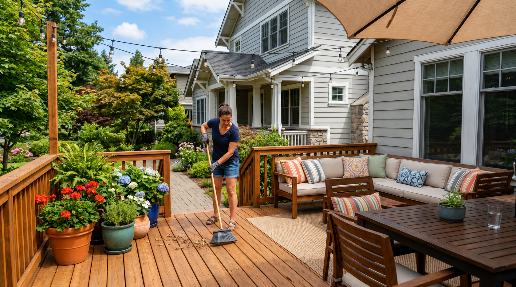 Sunlit backyard deck with a woman sweeping wooden boards, surrounded by flowers, patio furniture, and greenery.