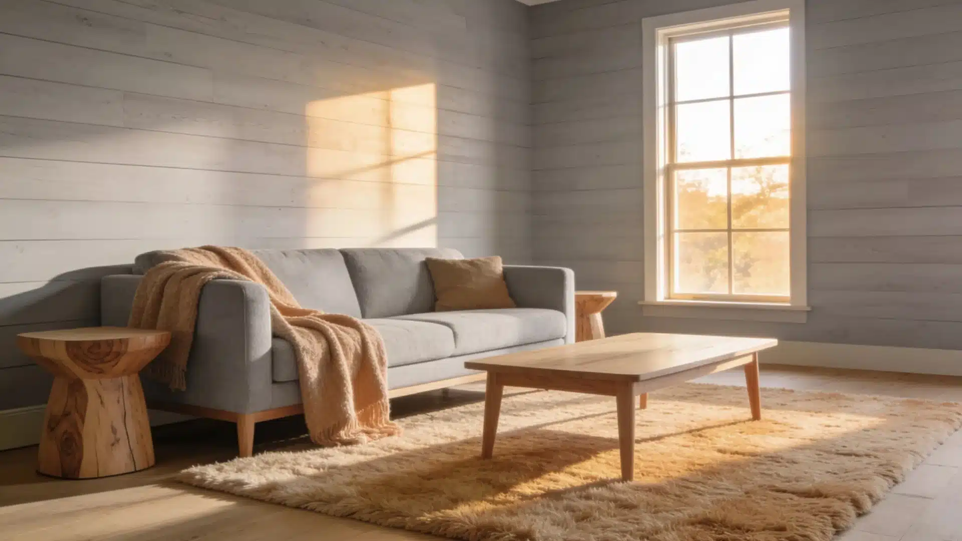A light-filled living room features a gray sofa with a draped blanket, a wooden coffee table on a shag rug, and a window with sunlight streaming in.