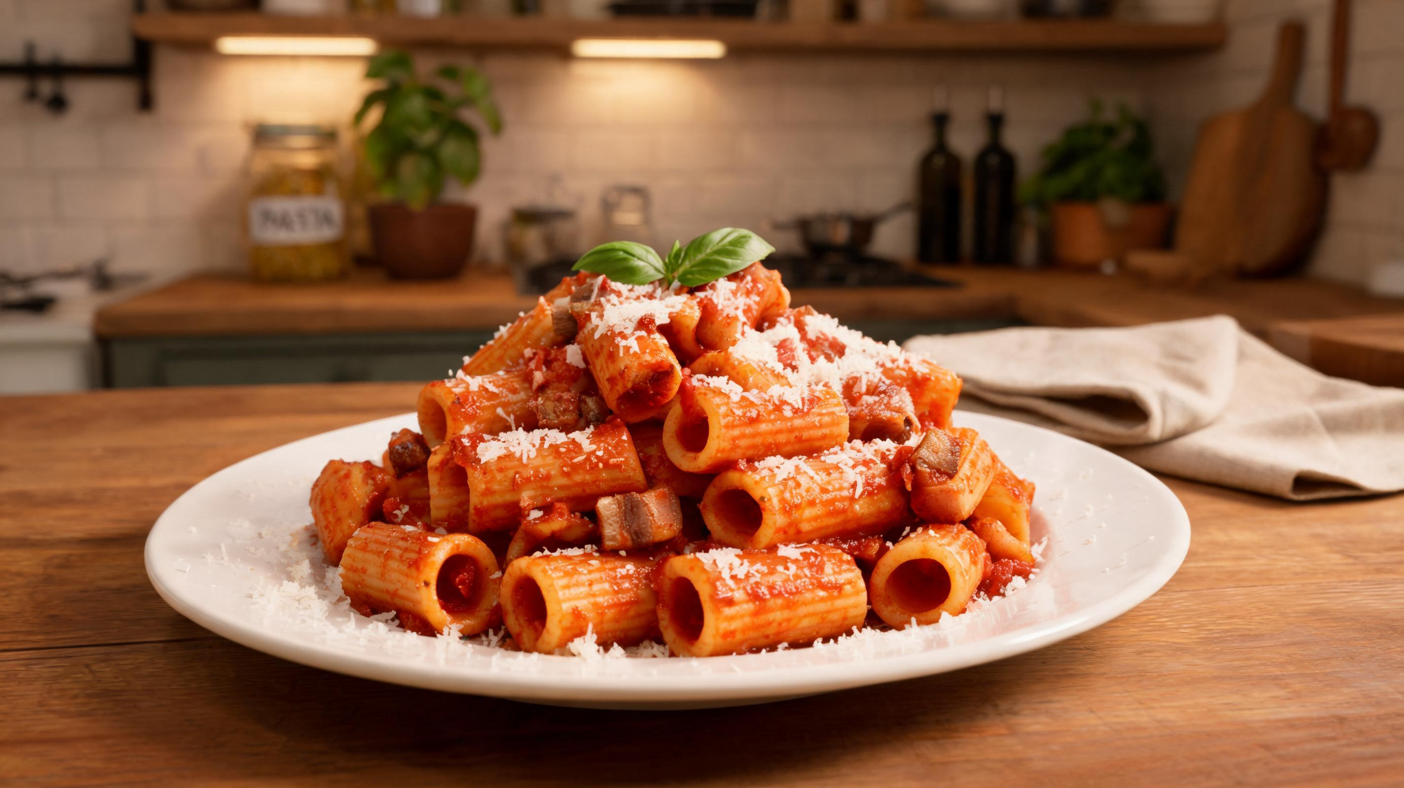 Plate of pasta all’Amatriciana with tomato sauce, guanciale, grated cheese, and fresh basil.