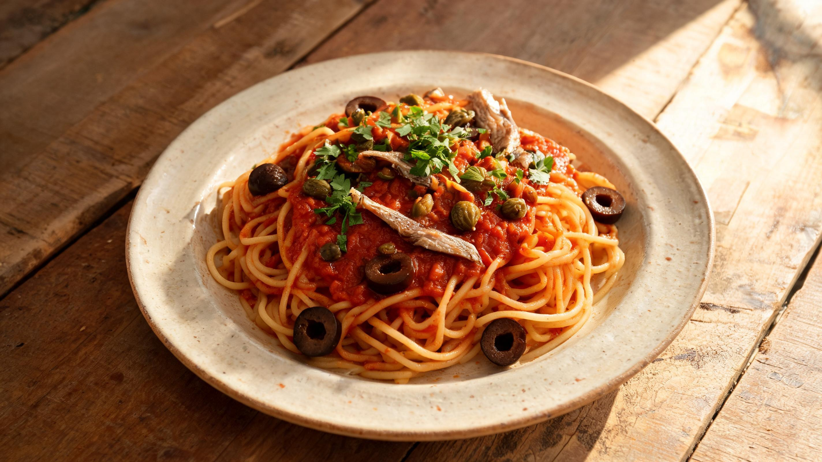 Spaghetti puttanesca with olives, capers, anchovies, and tomato sauce on a rustic plate.