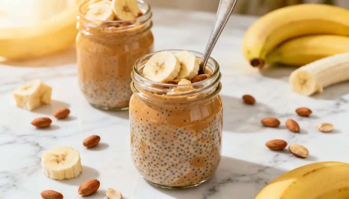 Two jars of peanut butter and banana chia seed pudding topped with banana slices and almonds, with whole bananas and scattered almonds in the background.