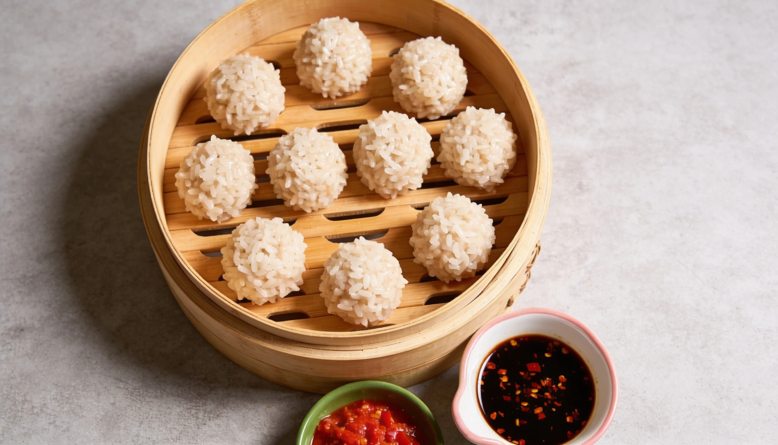 A bamboo steamer filled with steaming Pearl Rice Balls, highlighting their round shapes and soft texture with ginger sesame sauce.