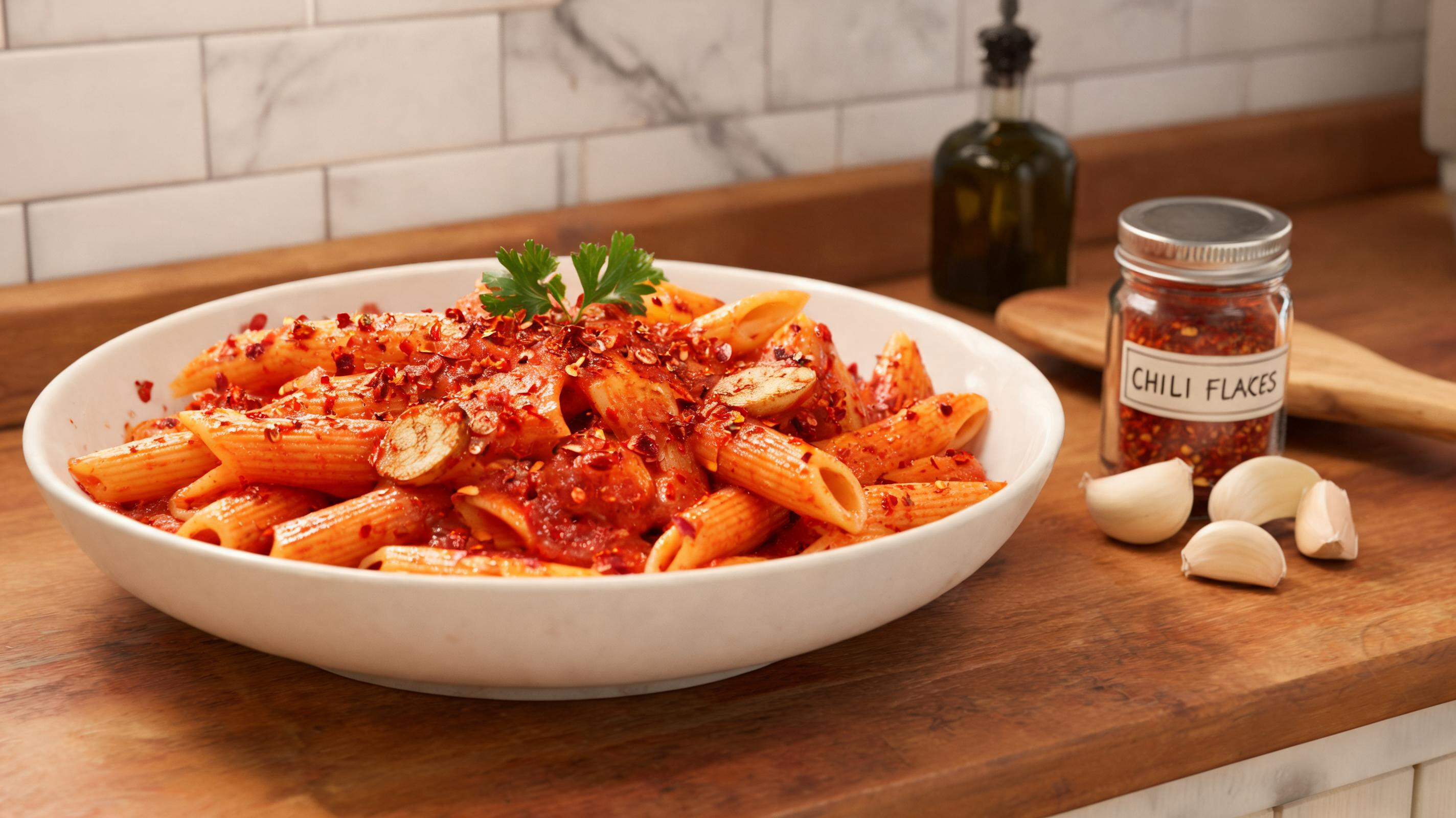 Plate of penne arrabbiata with spicy tomato sauce, garlic slices, and red chili flakes.