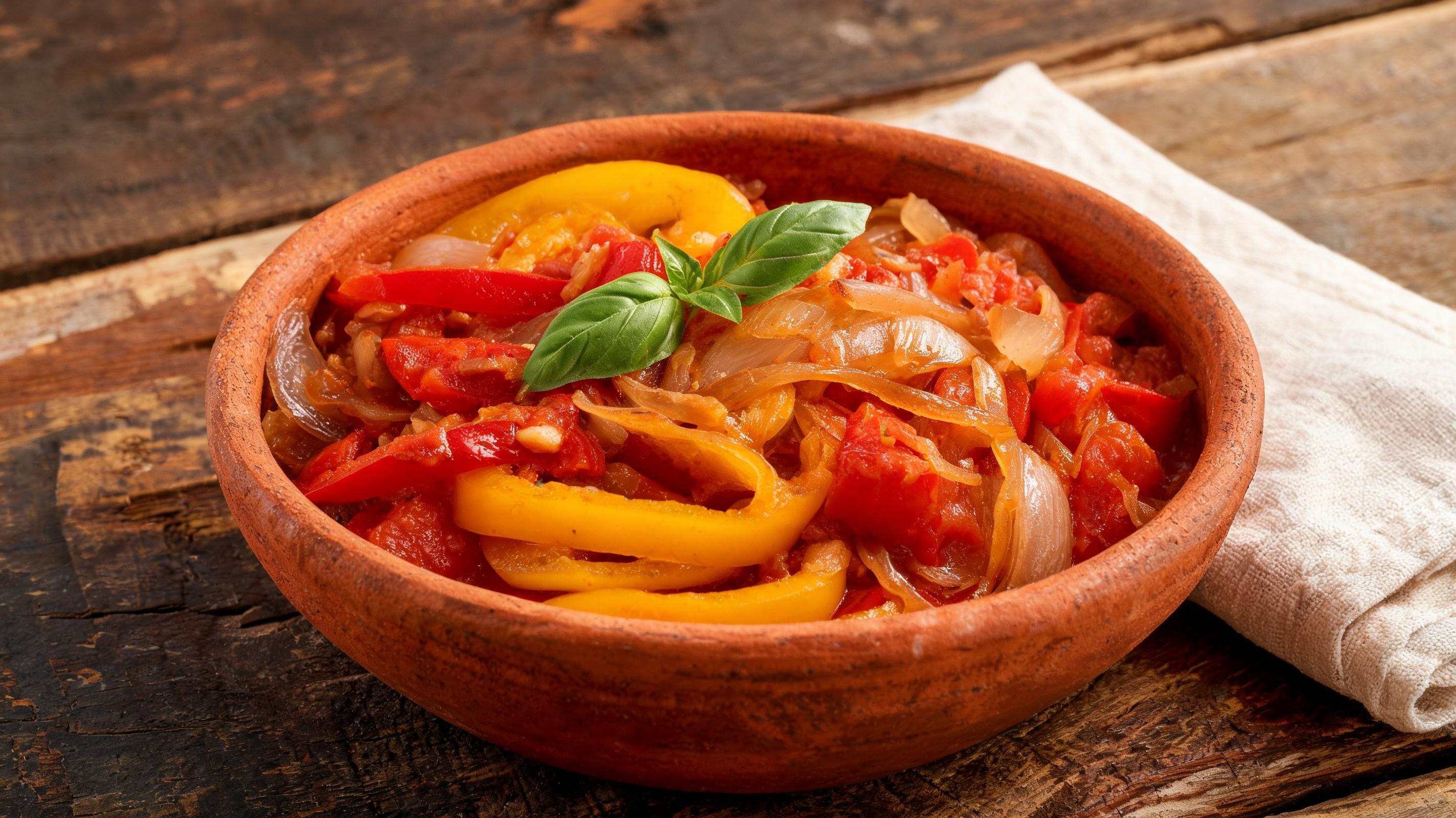 Sliced red and yellow peppers cooked with onions, tomatoes, and fresh basil in a clay bowl.