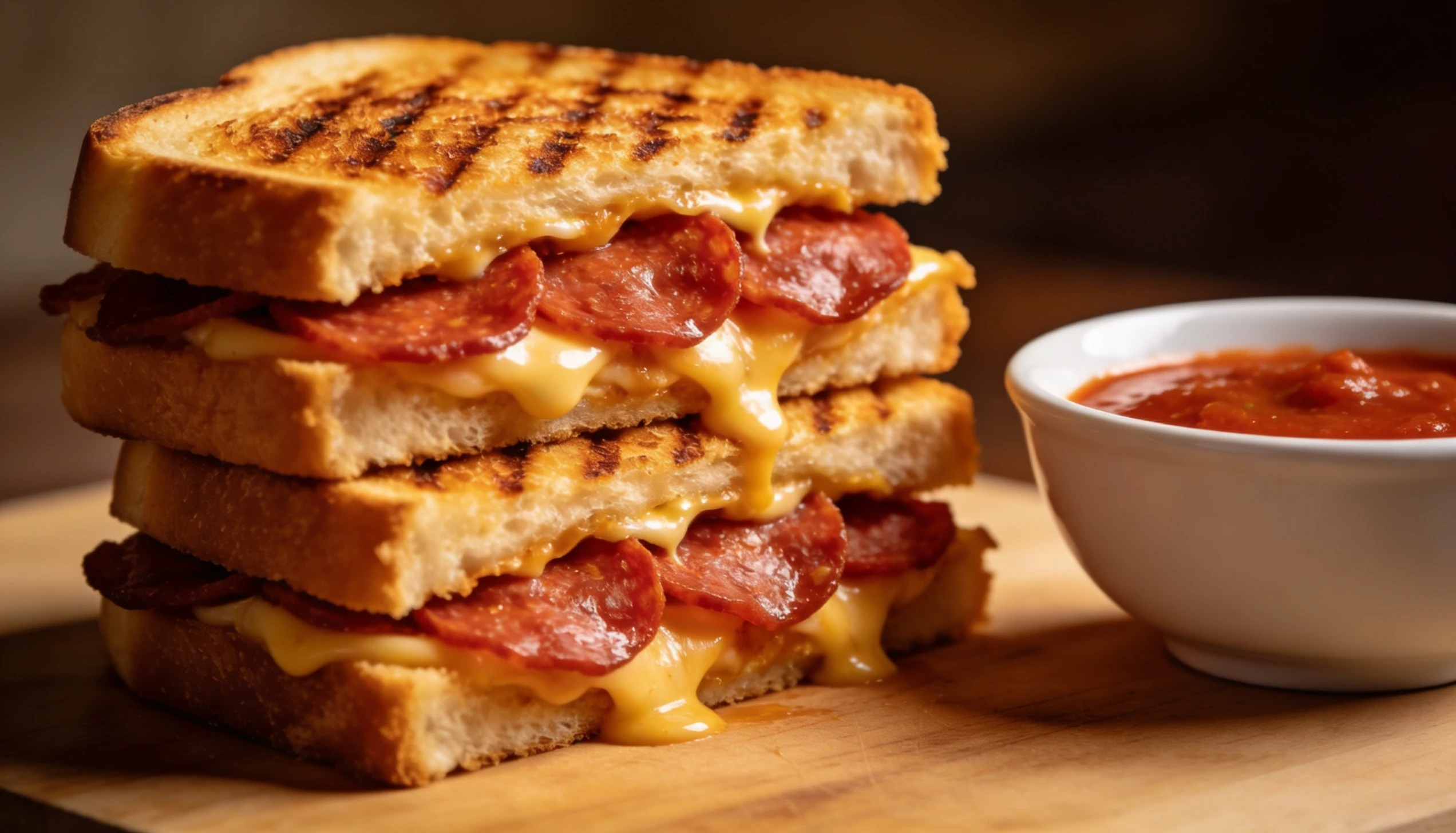 Grilled cheese sandwich filled with pepperoni, served with a side of rich tomato sauce for dipping.