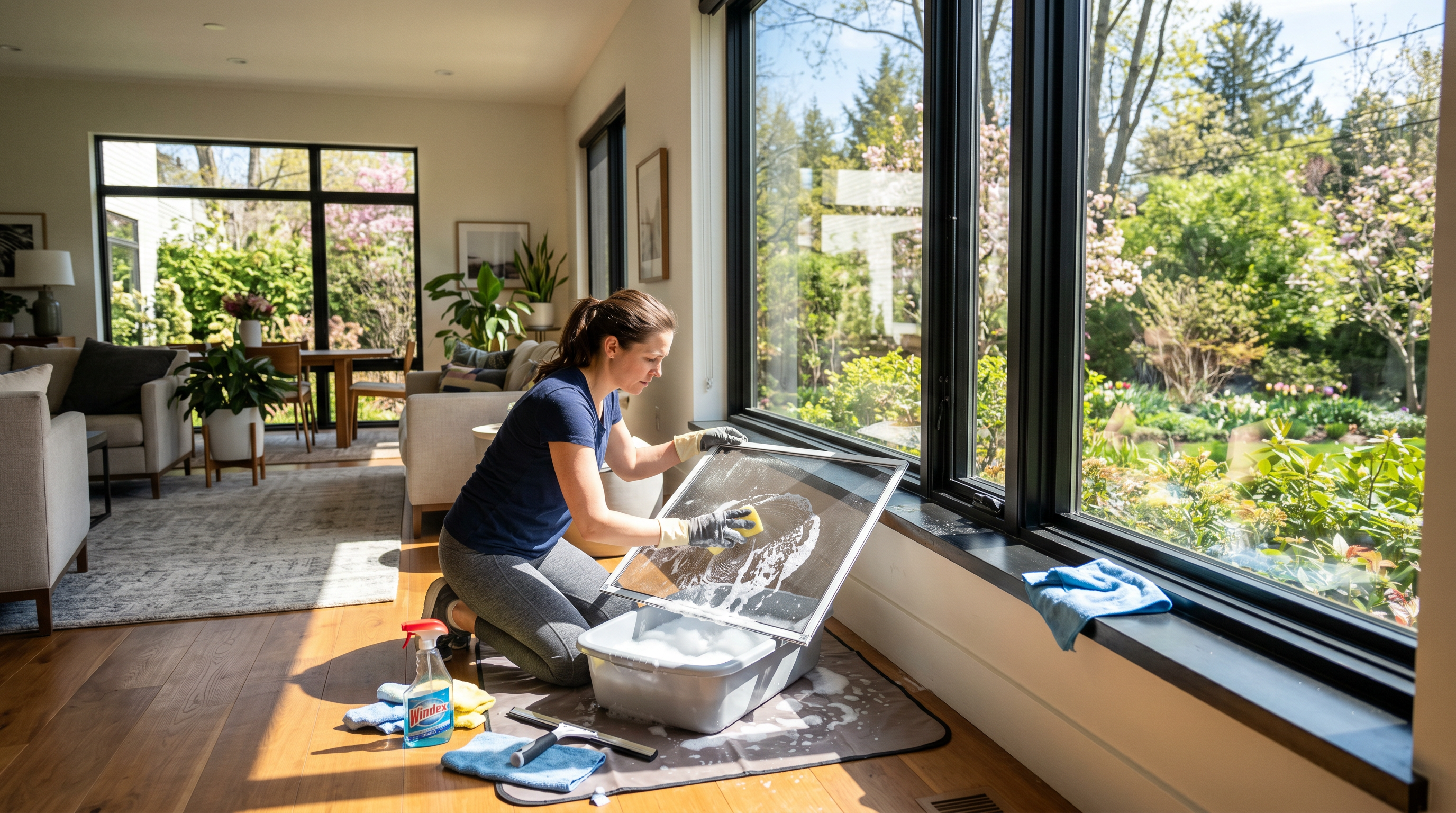 Person cleaning a window screen in a bright living room with plants and sunlight outside.