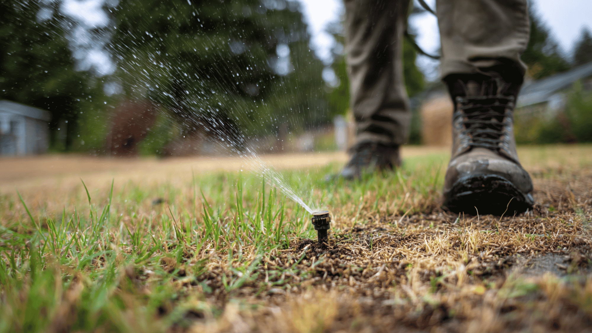 person spreading grass seed and watering patchy lawn after moss removal for healthy grass growth