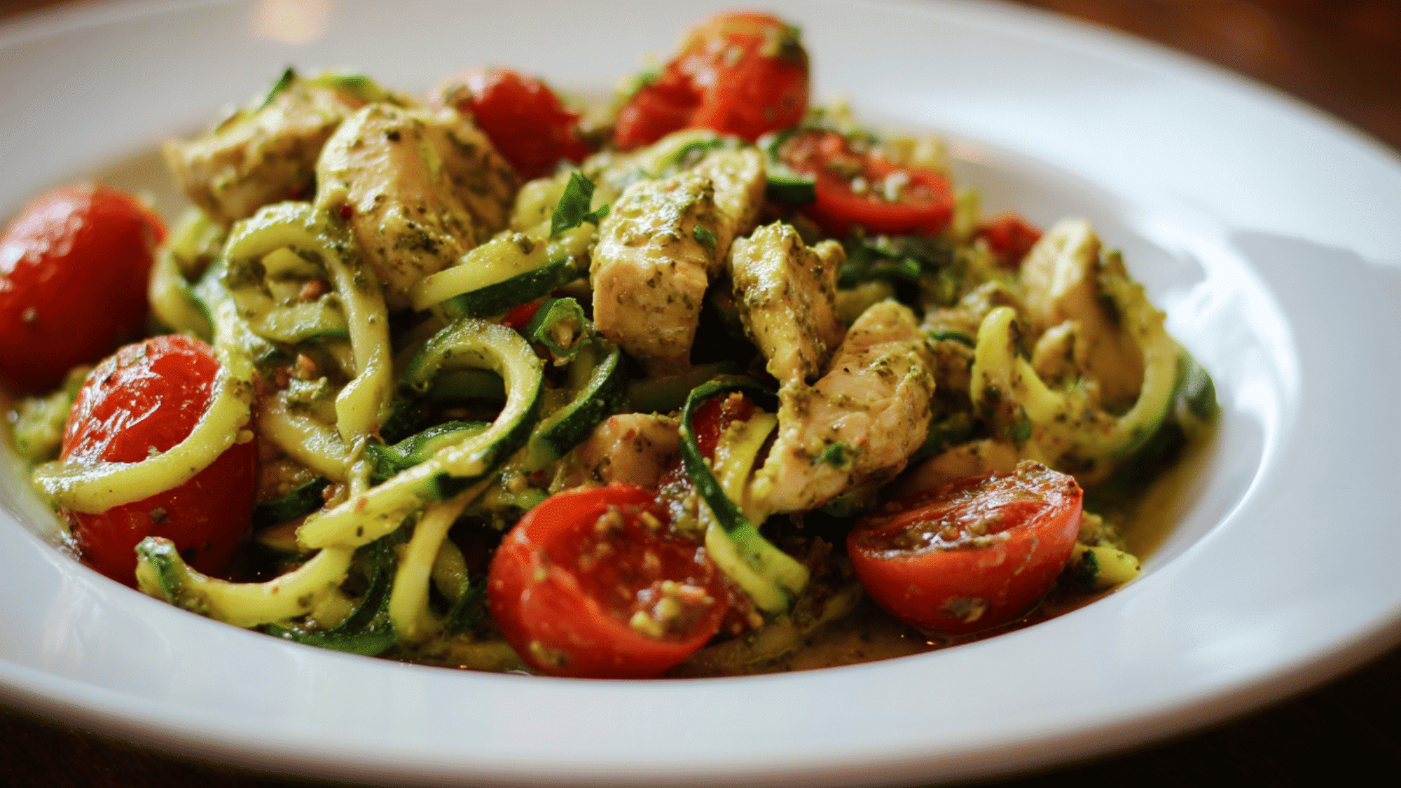 A low-carb meal prep container featuring spiralized zucchini noodles tossed in green pesto, topped with grilled chicken breast slices and juicy cherry tomatoes.