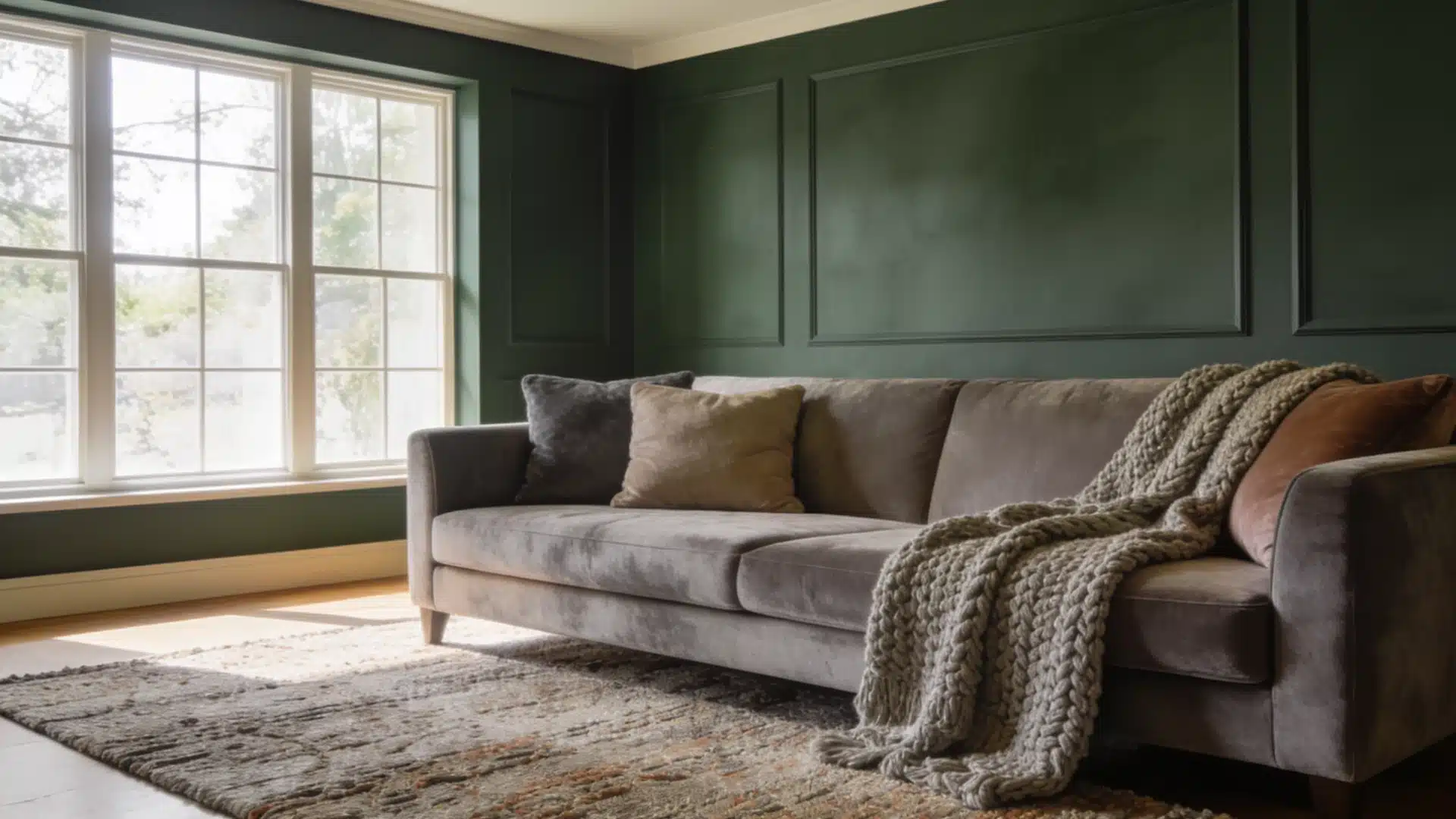 A plush gray sofa with throw pillows and a chunky knit blanket sits on a patterned rug in a room with dark green paneled walls and a large window.