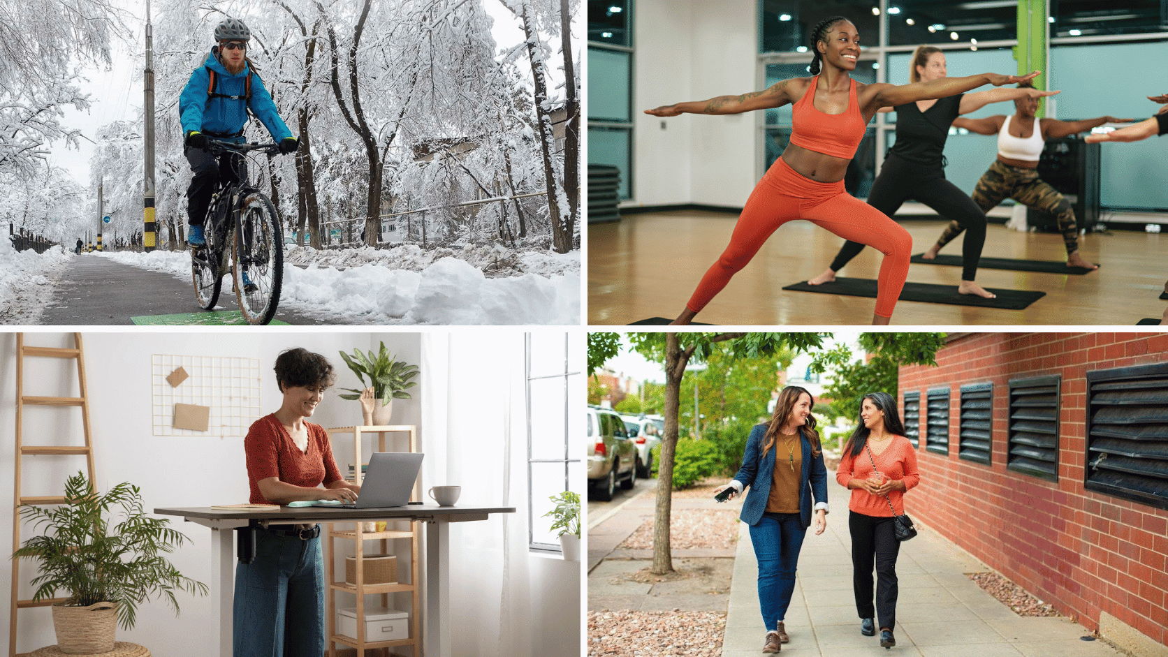 Collage of physical wellness activities featuring cycling, group yoga, standing desk work, and a walking meeting outdoors.
