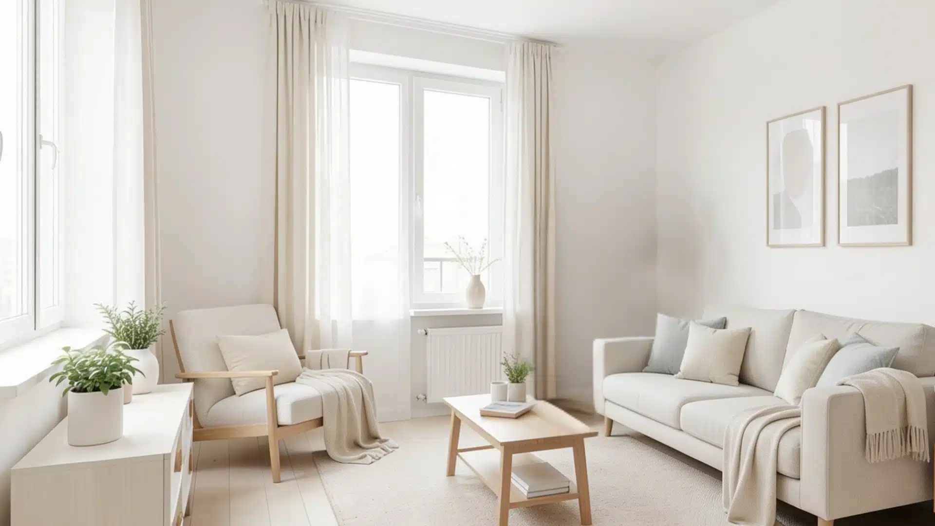 A bright, white living room featuring a couch, chair, and table, creating a clean and inviting atmosphere.
