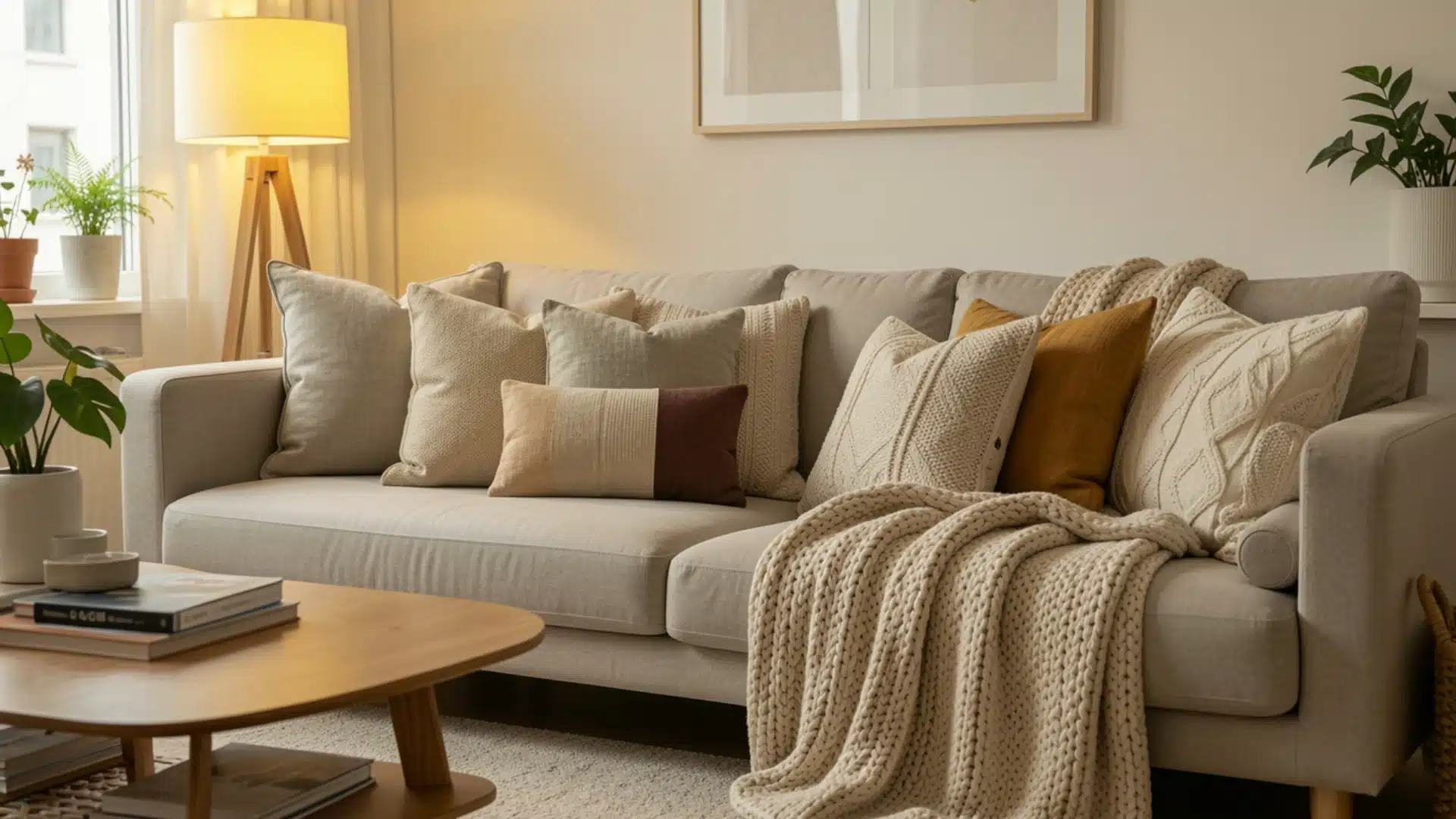 A cozy living room featuring a couch, a coffee table, and a lamp, creating a warm and inviting atmosphere.