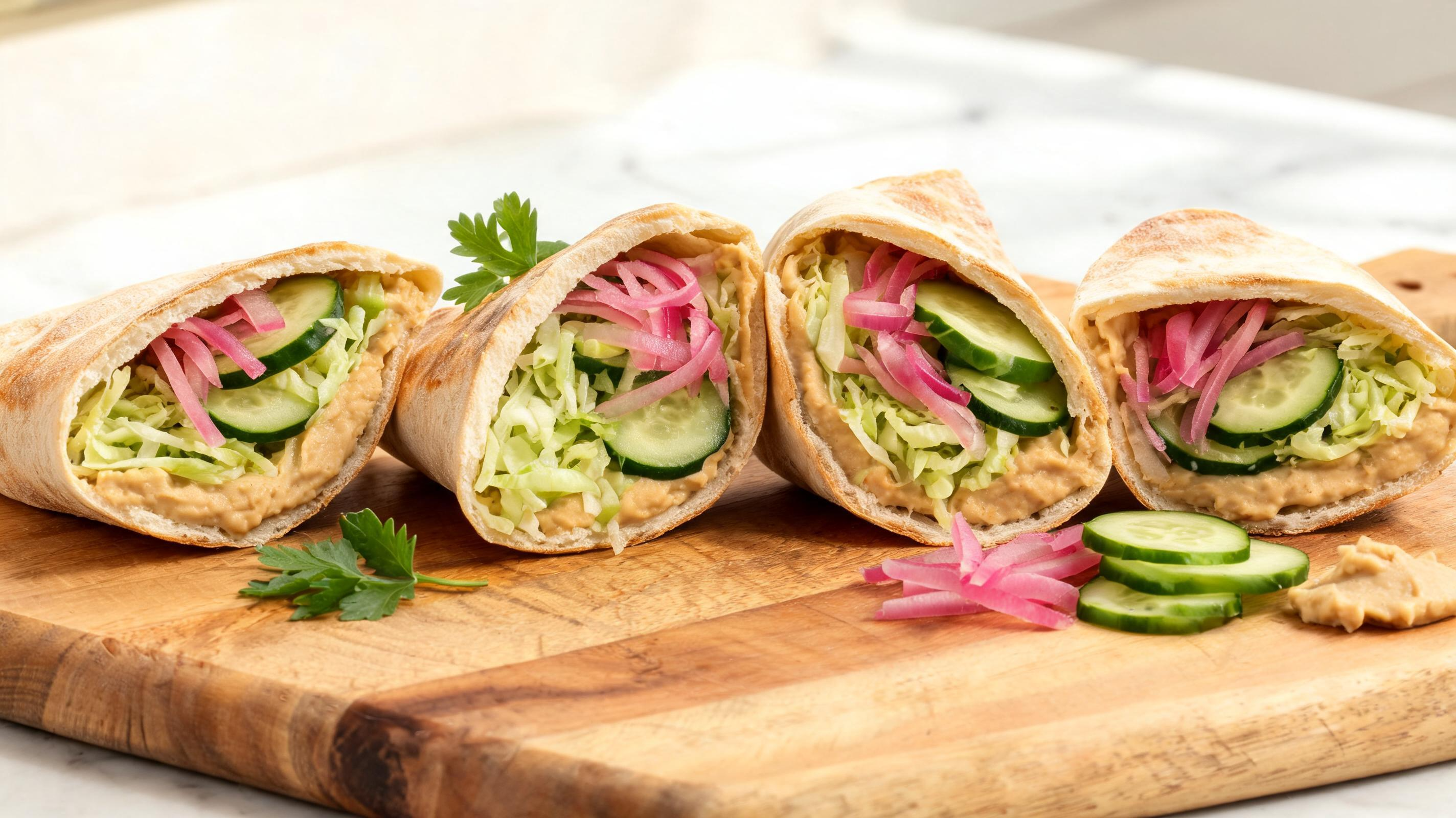 A pita pocket stuffed with creamy hummus, crisp cucumber, and fresh veggies.