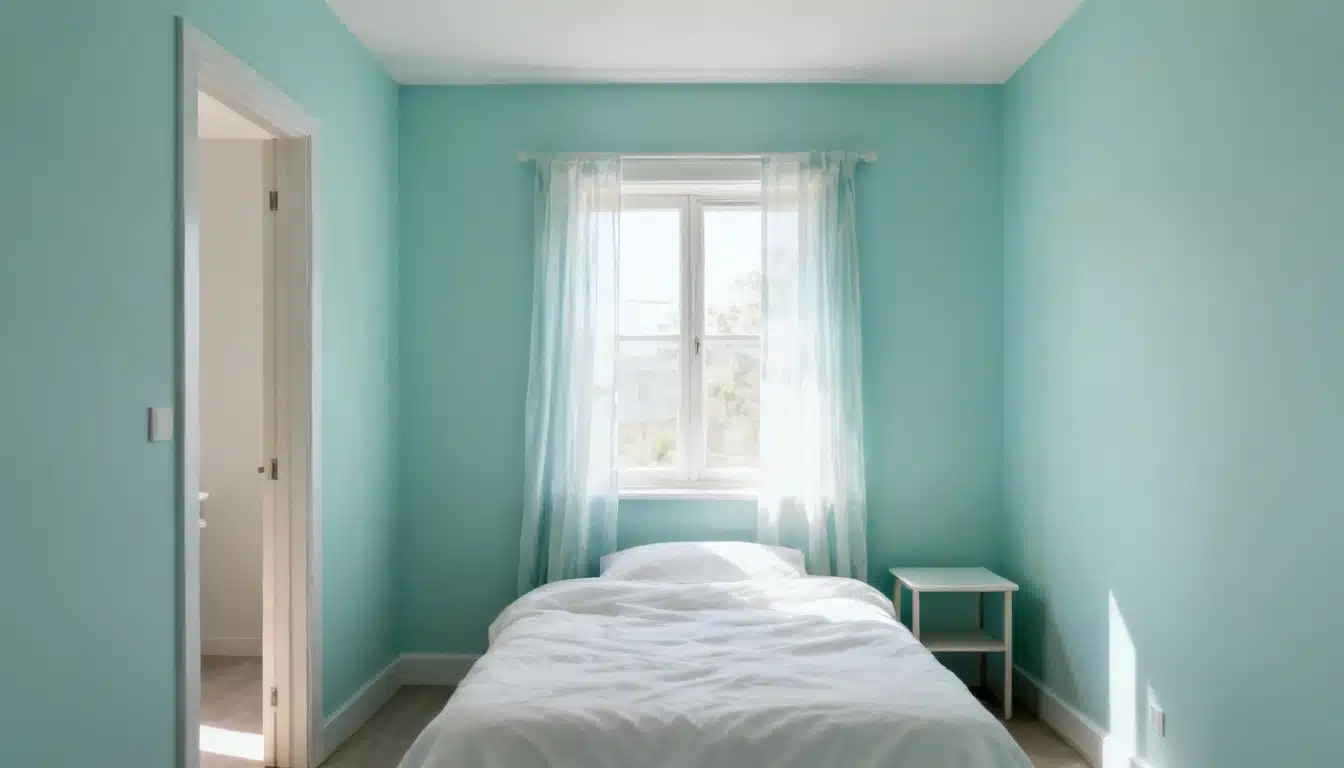 A bright bedroom with teal walls, a made bed, a window with sheer curtains, and an open doorway.