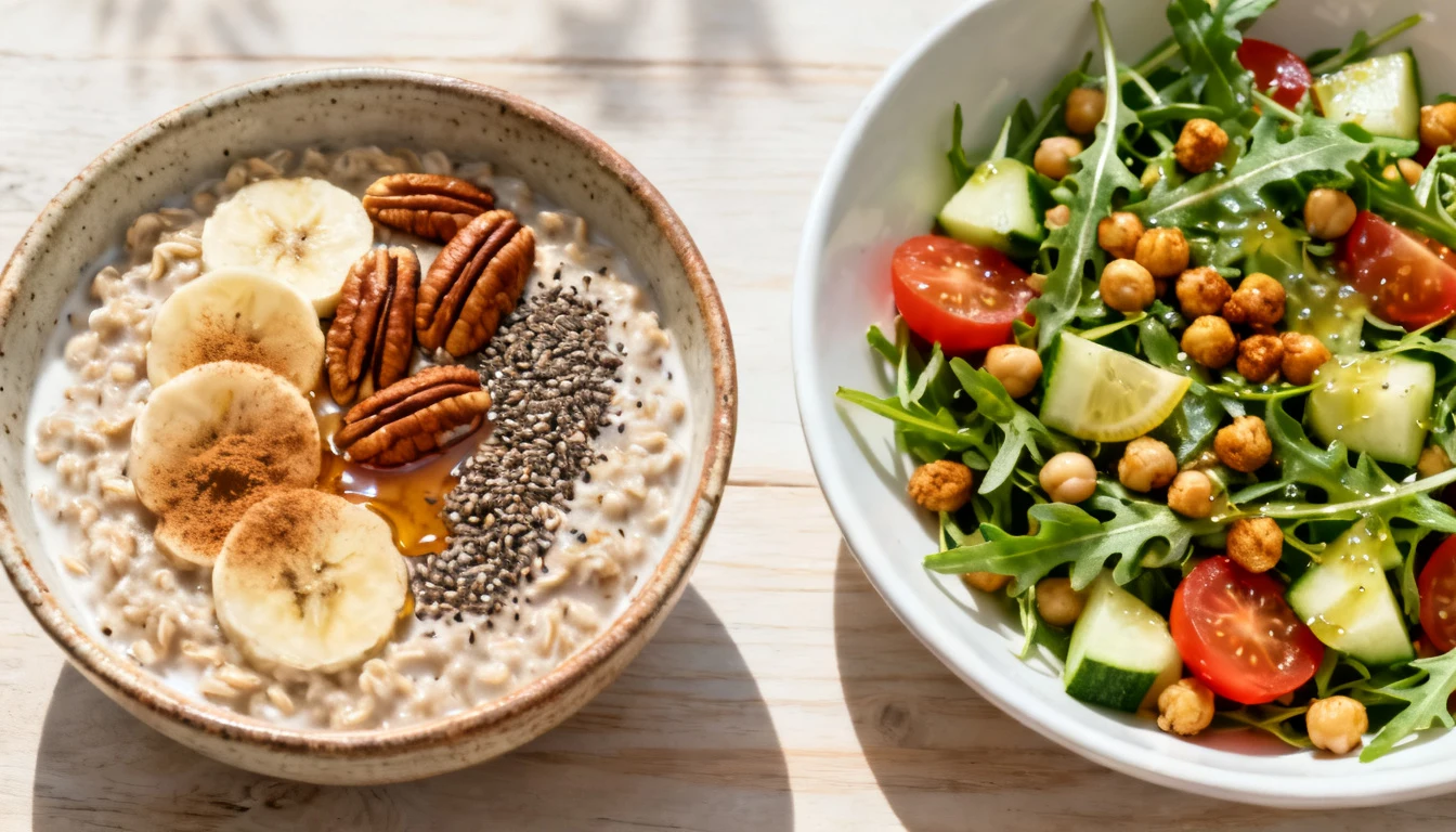 Two bowls, one with oatmeal, banana slices, pecans, and chia seeds, and the other with a salad of arugula, chickpeas, tomatoes, and cucumbers.