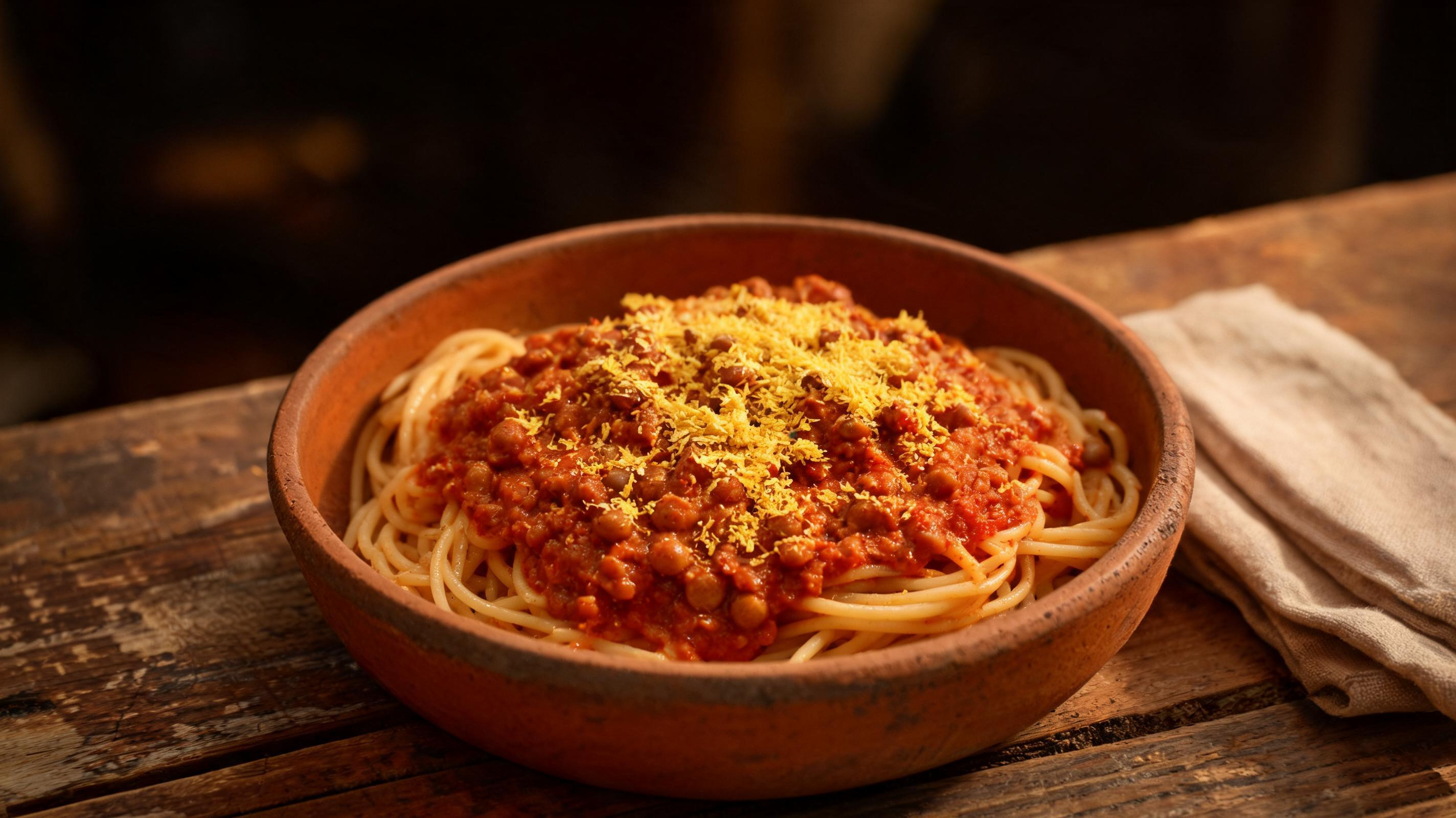 A comforting bowl of pasta topped with a rich, savory lentil bolognese sauce.