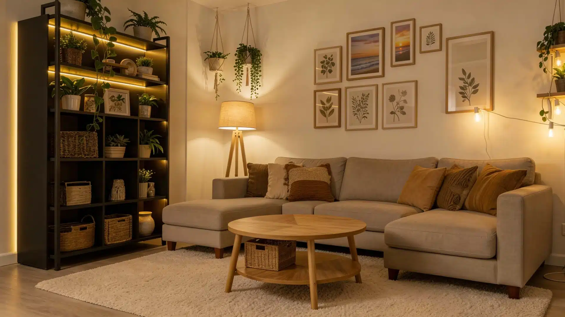 A bright living room with a plush couch, a modern coffee table, and lush plants adding a touch of nature to the space.