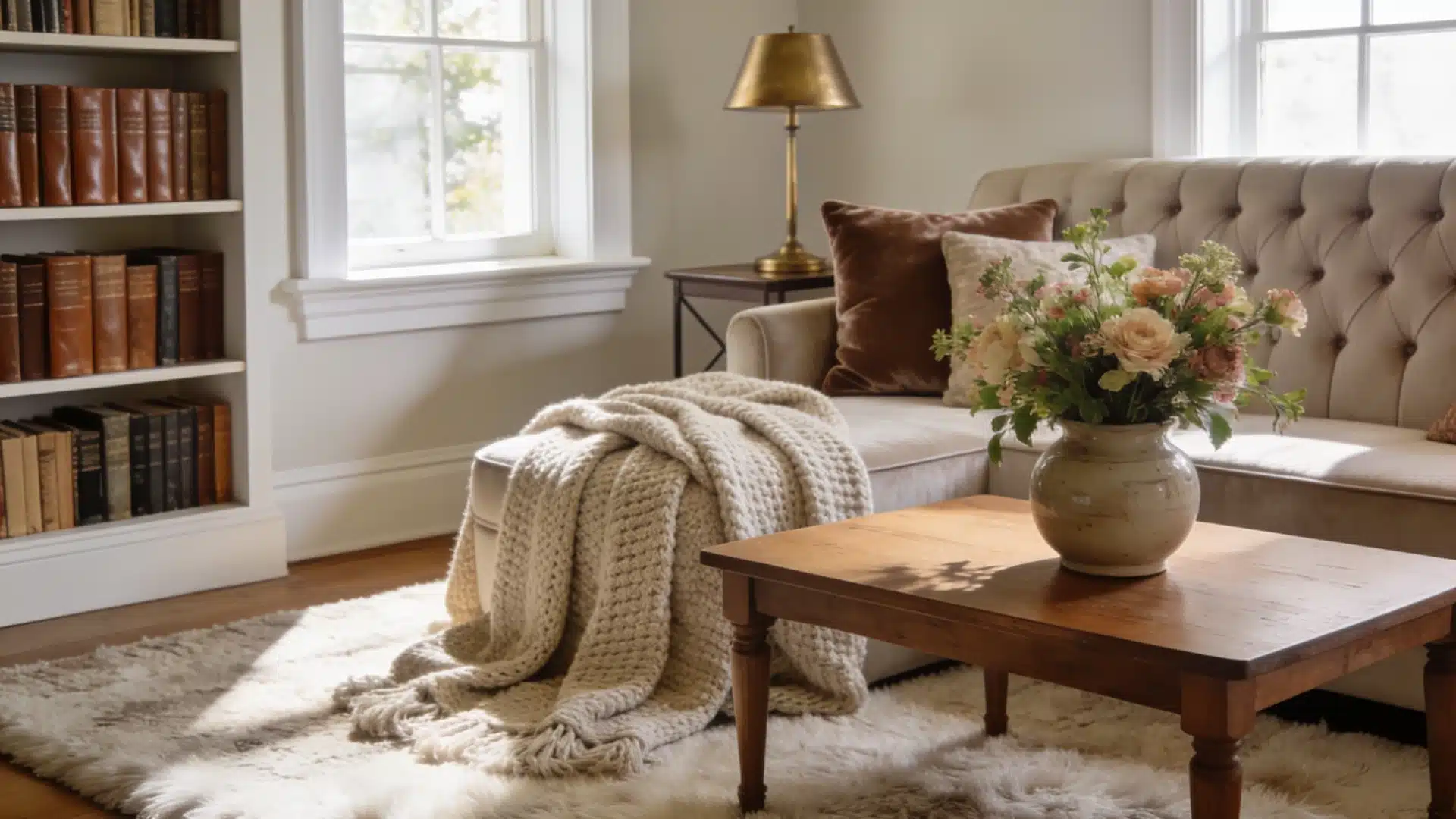 A cozy living room featuring a couch, a bookshelf filled with books, and a table in the center