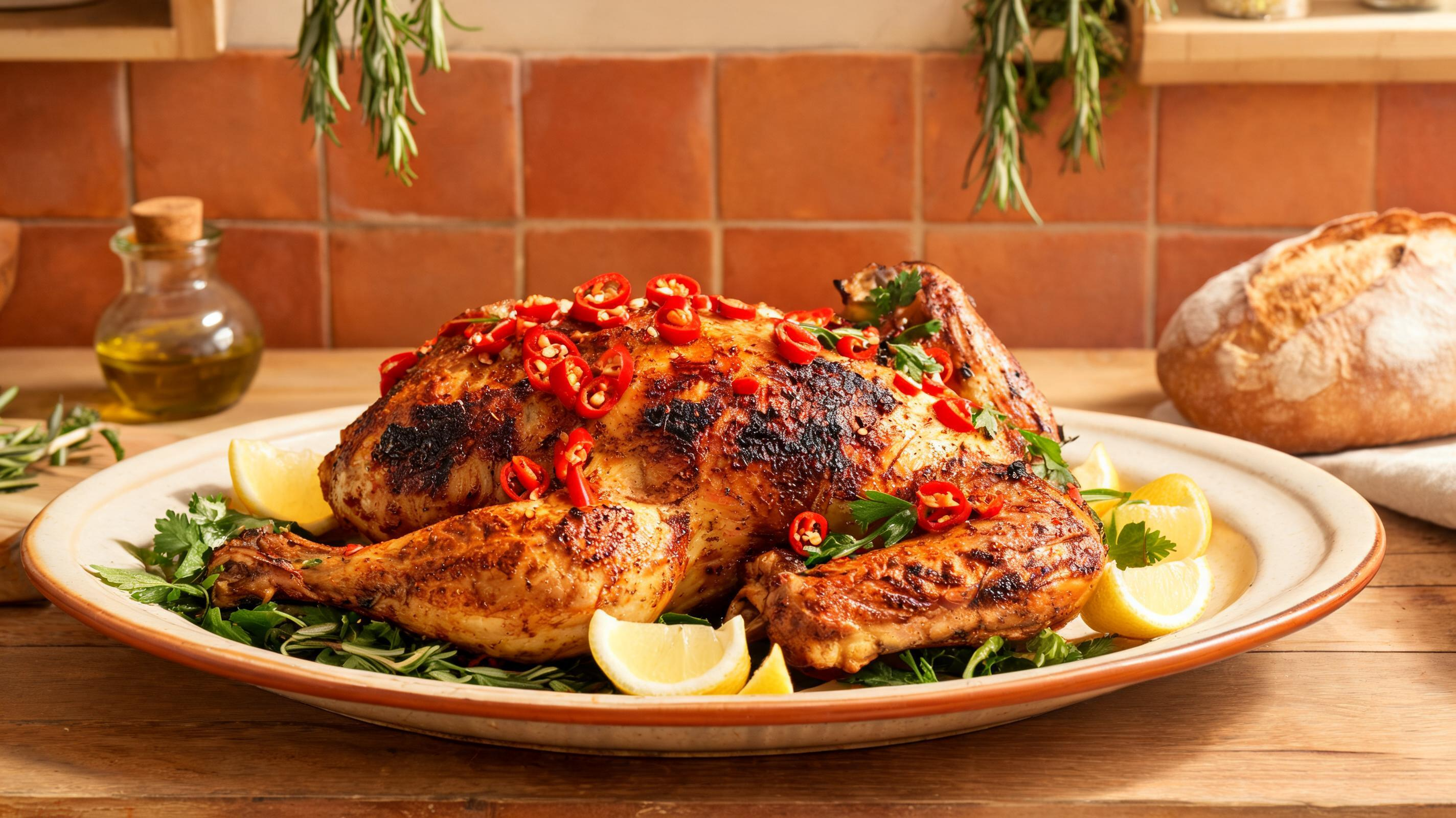 Golden roasted chicken on a plate garnished with red chili, lemon wedges, and herbs.