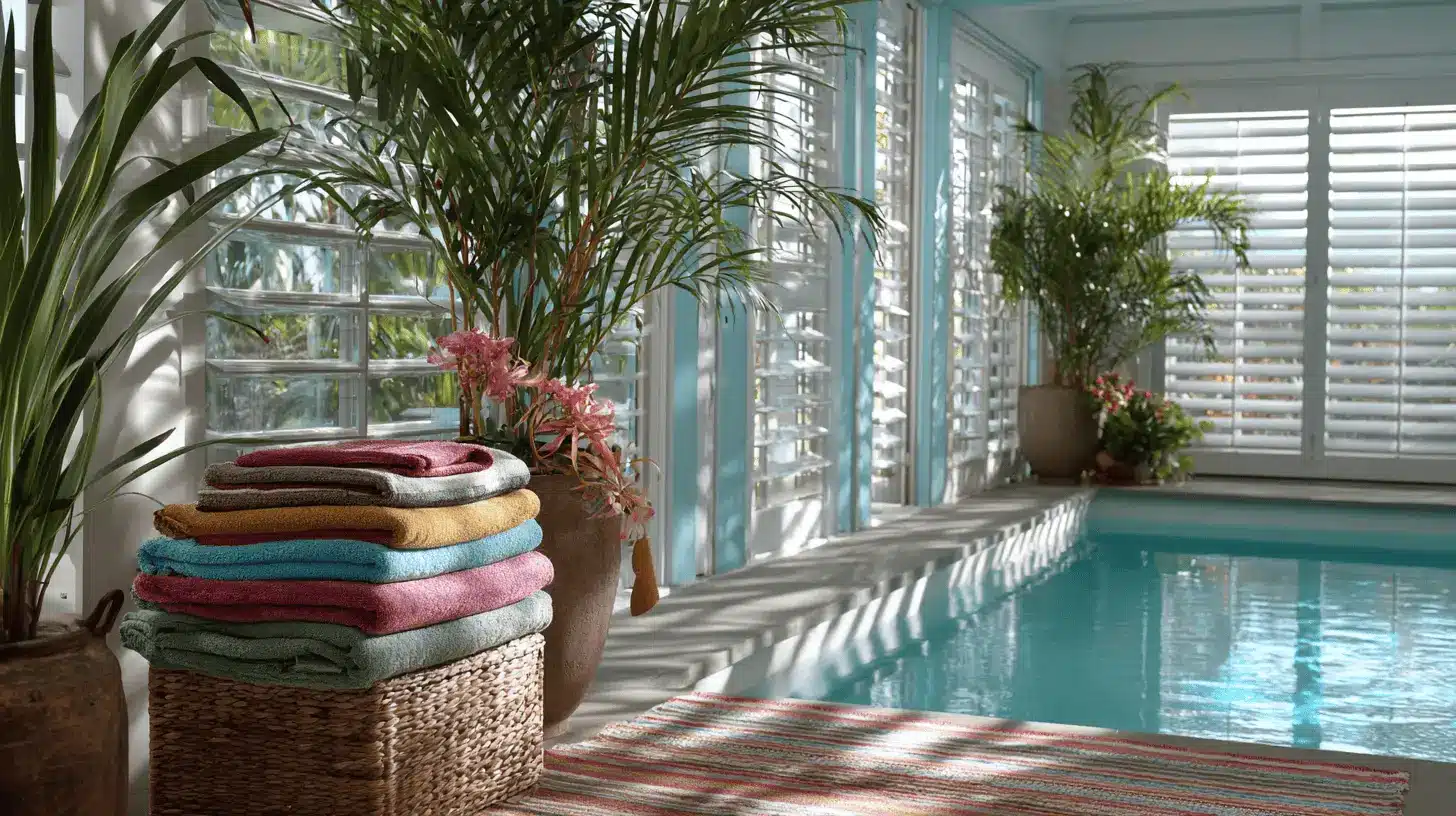 indoor pool house with white louvered shutters tropical plants stacked colorful towels and palm trees