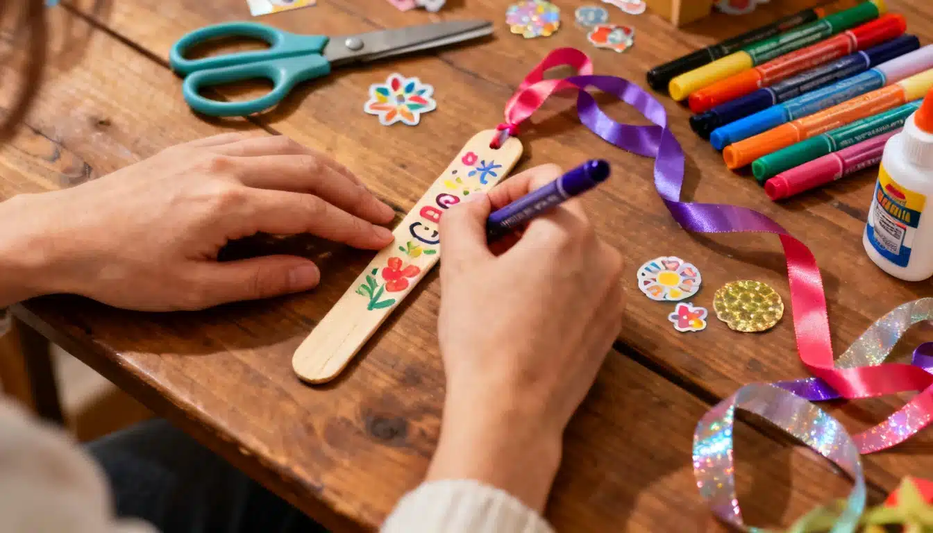 Colorful popsicle stick bookmarks arranged in a fan shape, showcasing various designs and patterns for reading enthusiasts.