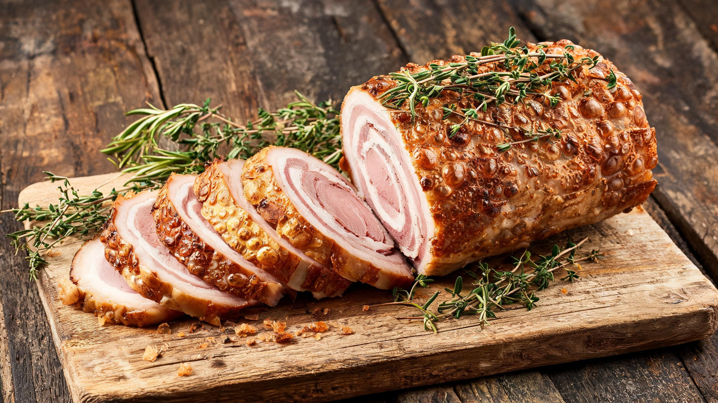Golden roasted porchetta slices on a wooden board, garnished with fresh herbs.