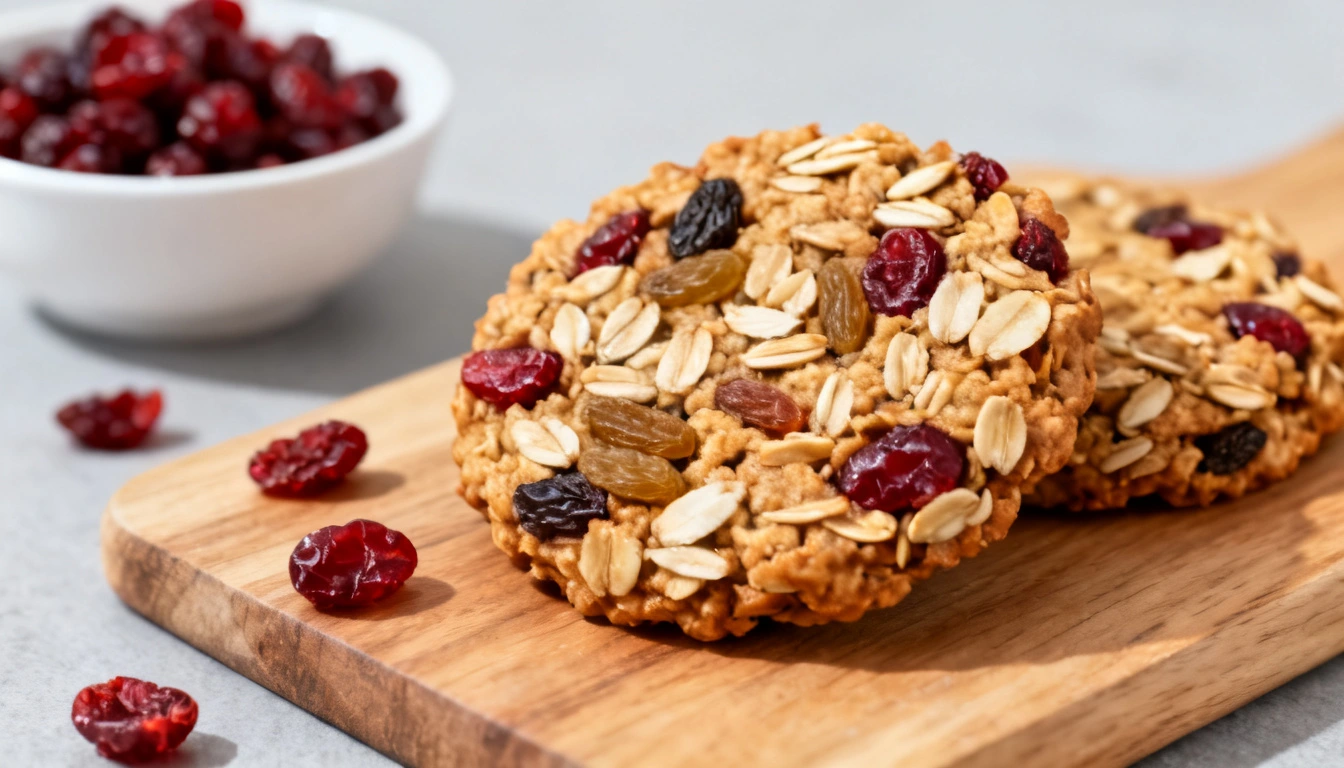 Two oatmeal cookies with cranberries and raisins sit on a wooden cutting board next to a bowl of dried cranberries.