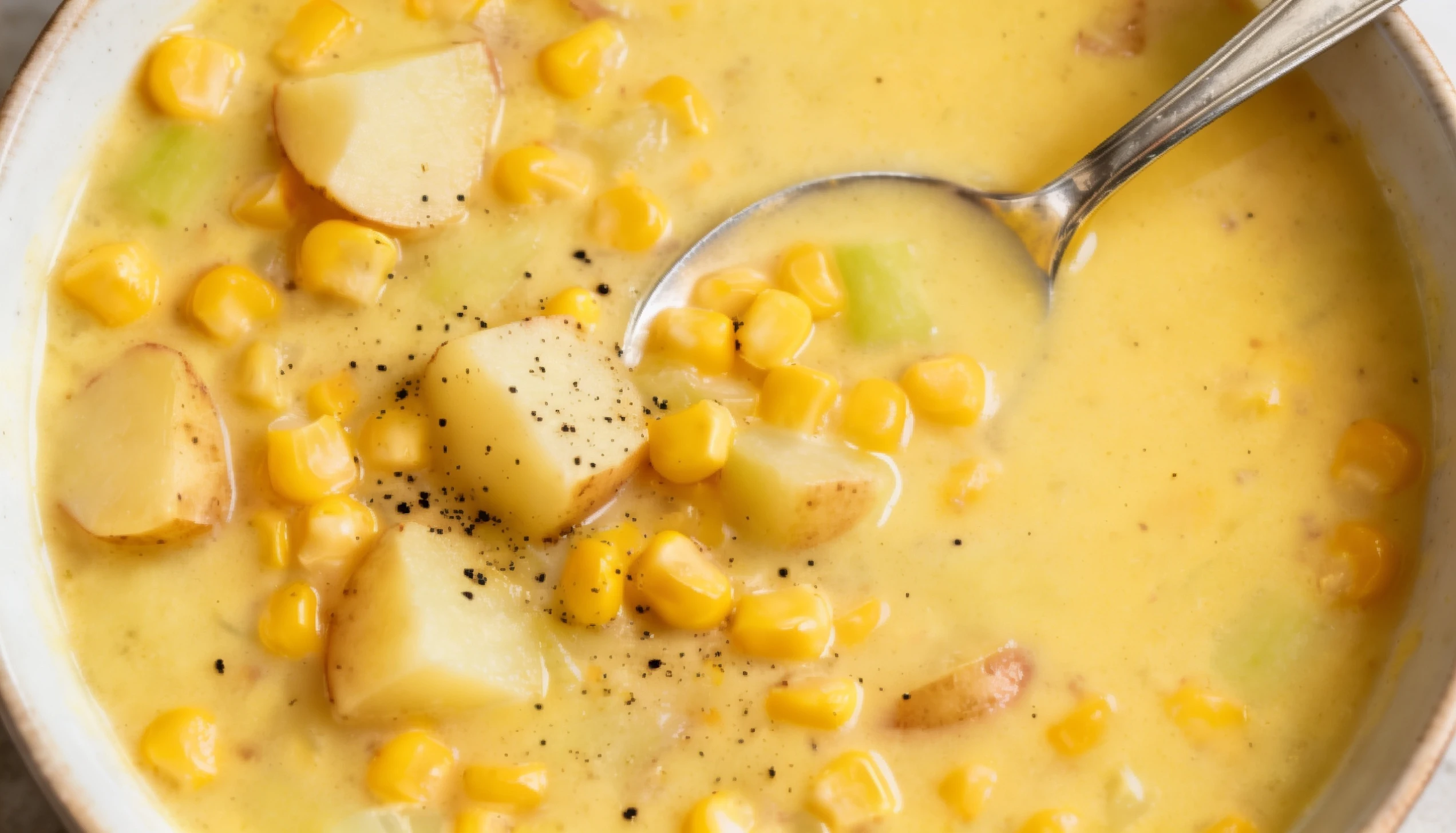A bowl filled with corn and potato chowder, with a spoon placed next to it, showcasing a hearty meal.