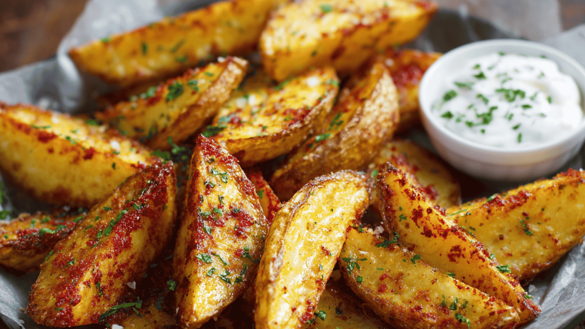 Crispy, golden-baked potato wedges seasoned with herbs and served on a tray.