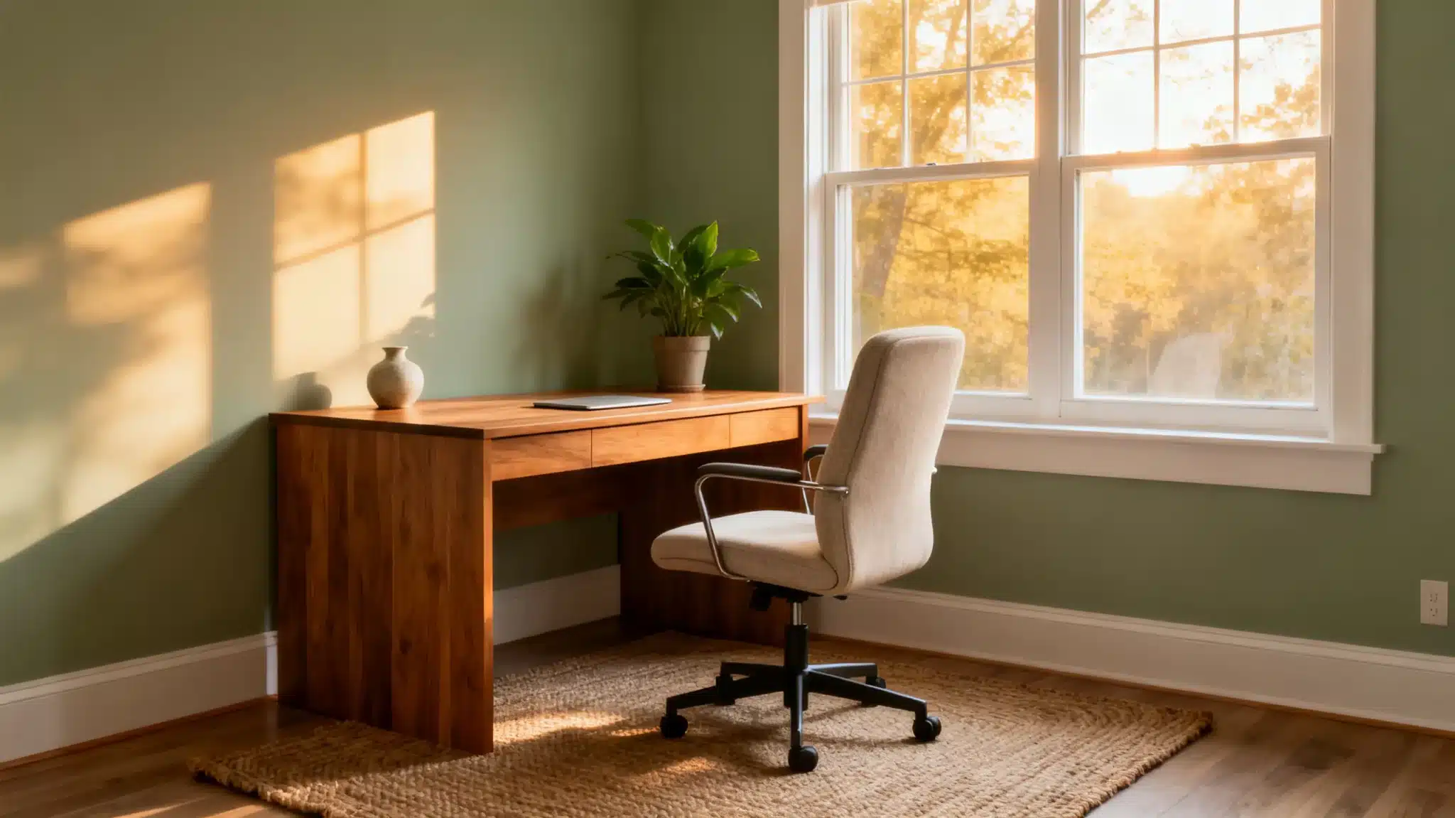 Wooden desk and beige chair in home office with green walls and natural light
