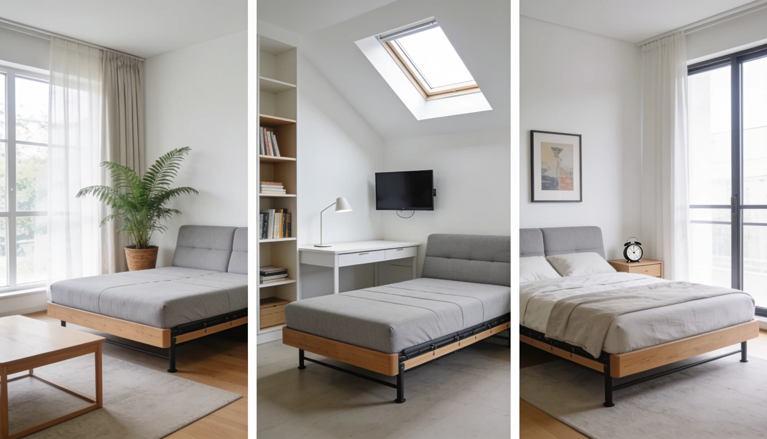 Triptych showing a modern bedroom with a gray sofa bed, desk with skylight, and made bed.
