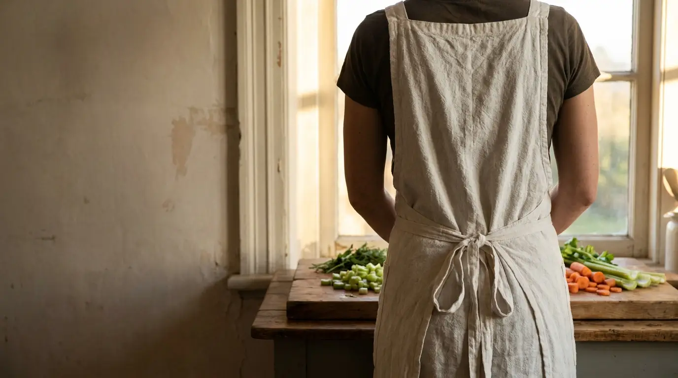 Aproned person standing at wooden table with chopped vegetables in cozy kitchen setting