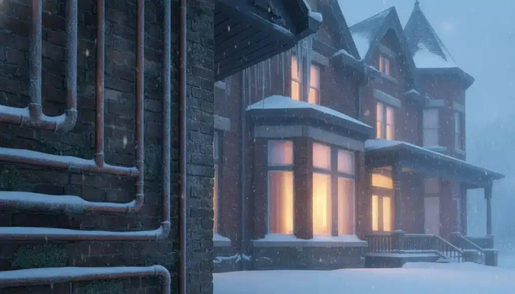 Brick house with glowing windows surrounded by falling snow in a nighttime winter scene