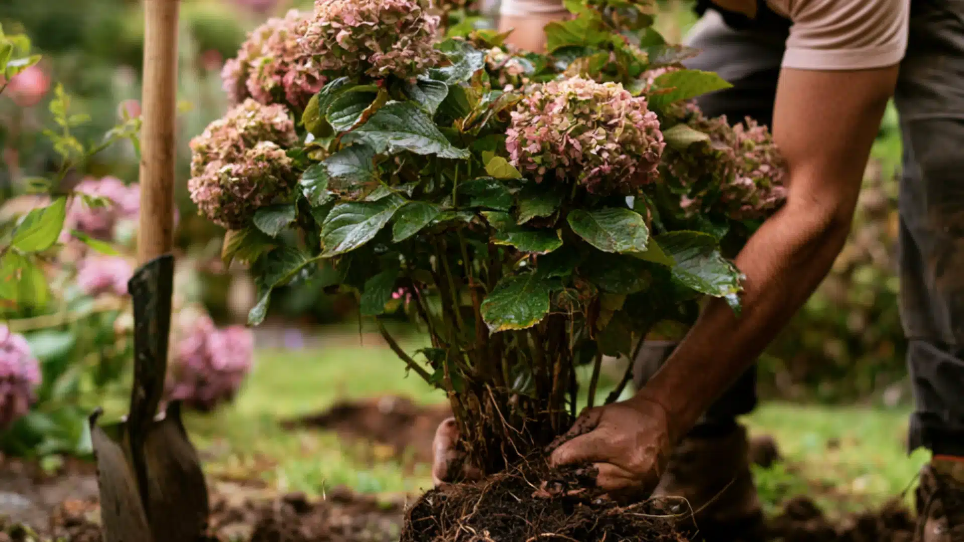 A man is engaged in planting a colorful flower into the earth, demonstrating gardening skills.