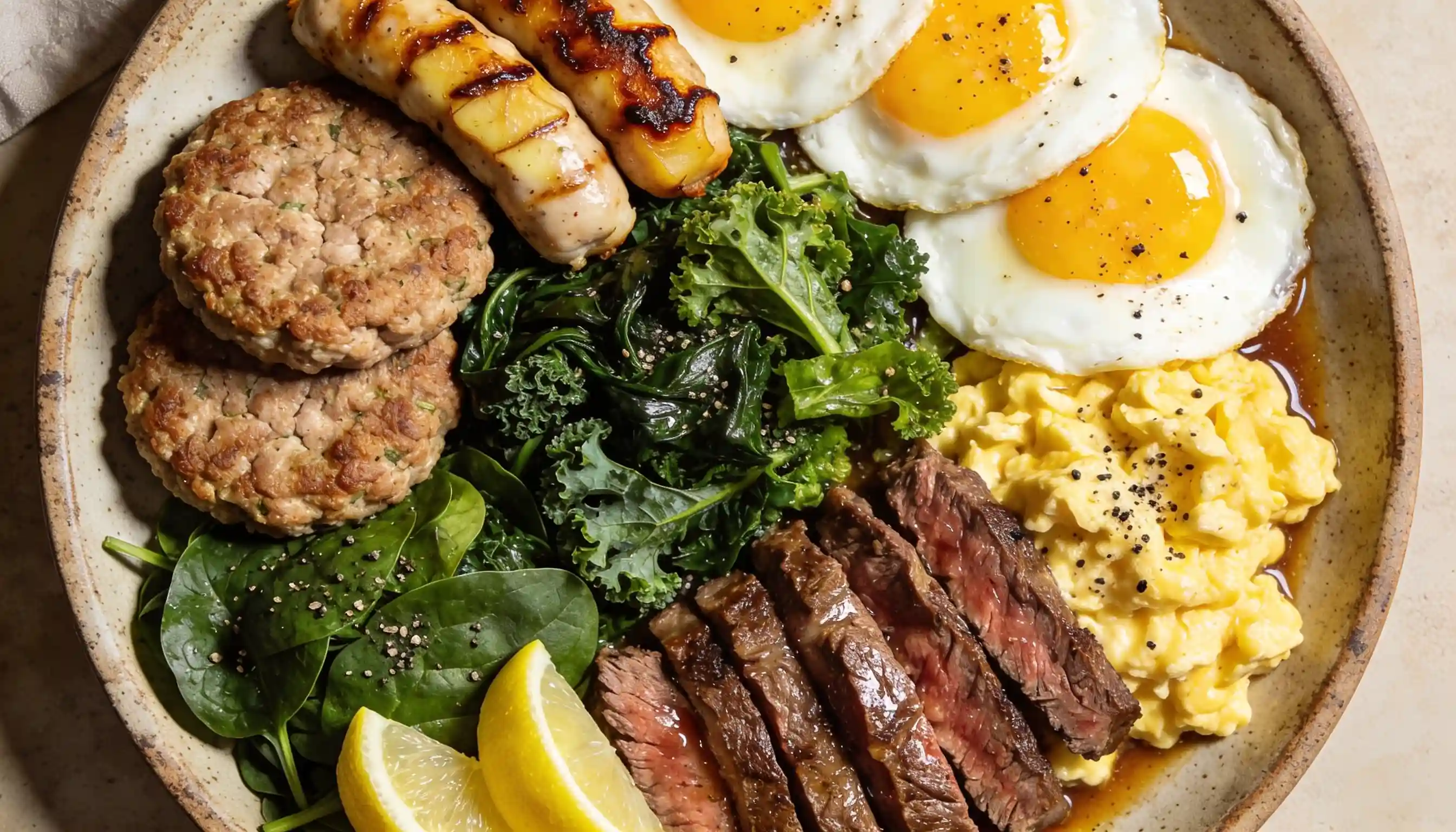 A hearty breakfast bowl with steak, sausages, fried eggs, scrambled eggs, greens, and lemon wedges.