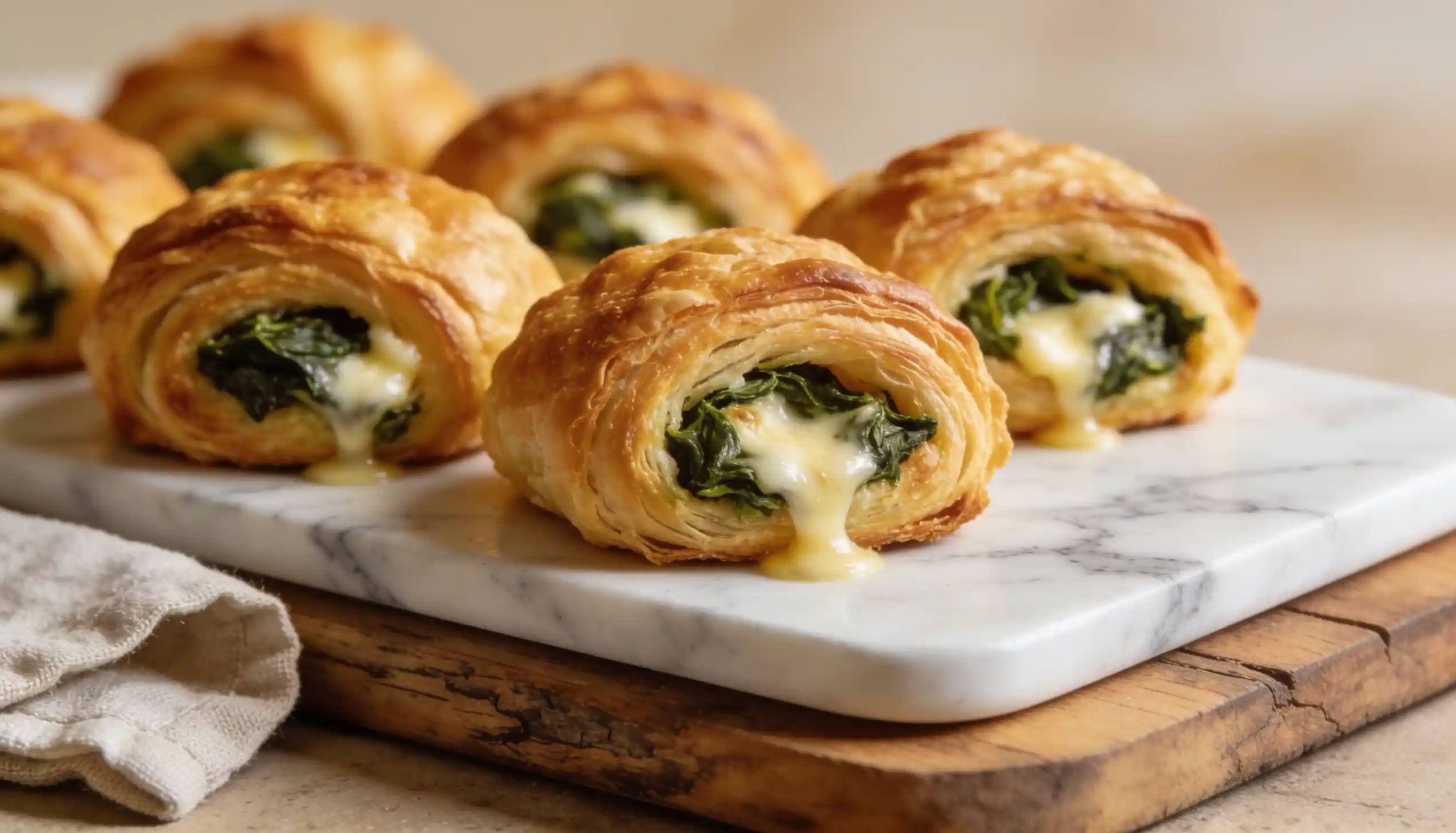 Flaky pastries filled with spinach and melted cheese are arranged on a marble board.