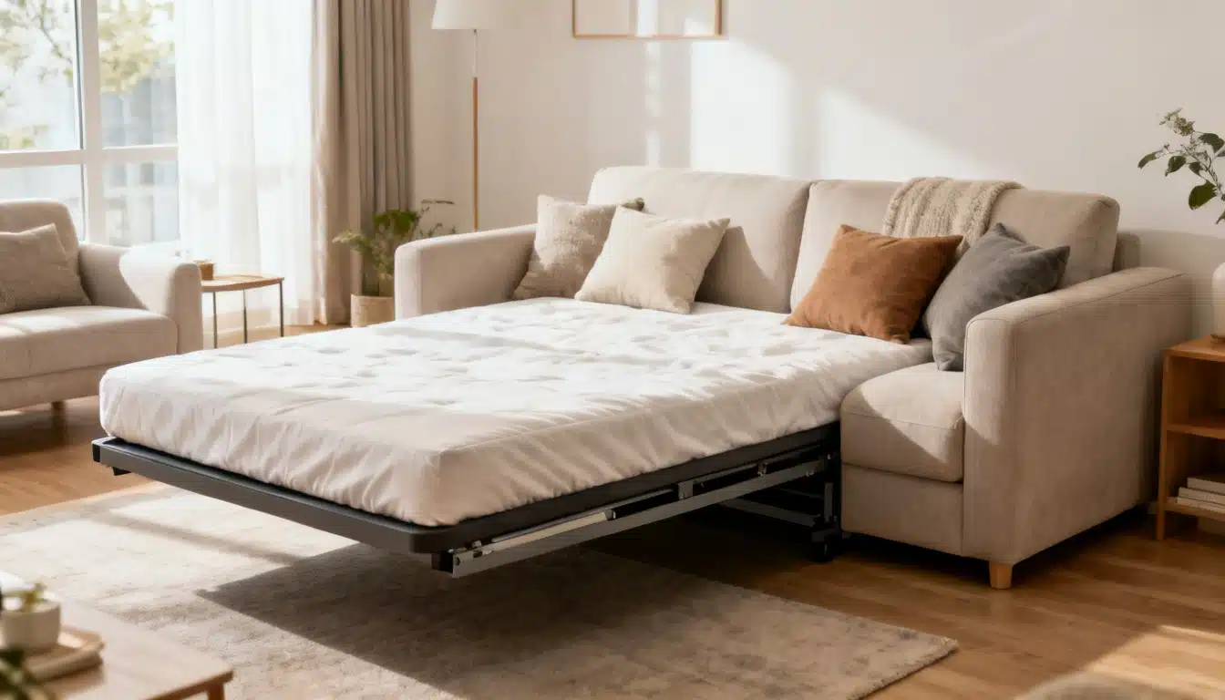 A beige sectional sofa is pulled out into a bed with white bedding in a sunlit living room.