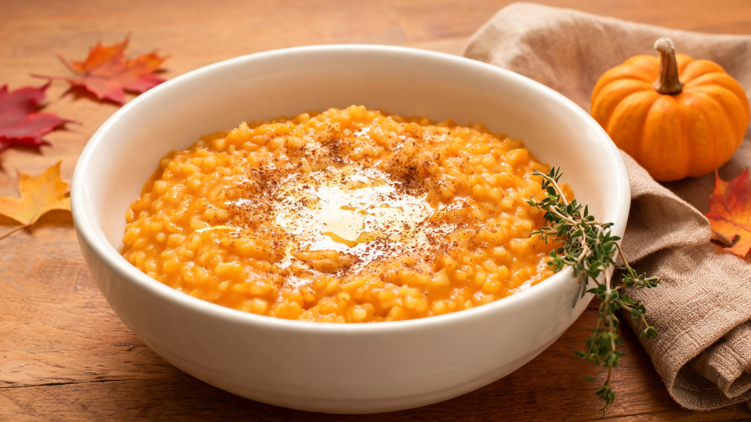 Bowl of creamy pumpkin risotto garnished with herbs and spices, autumn-themed setting.