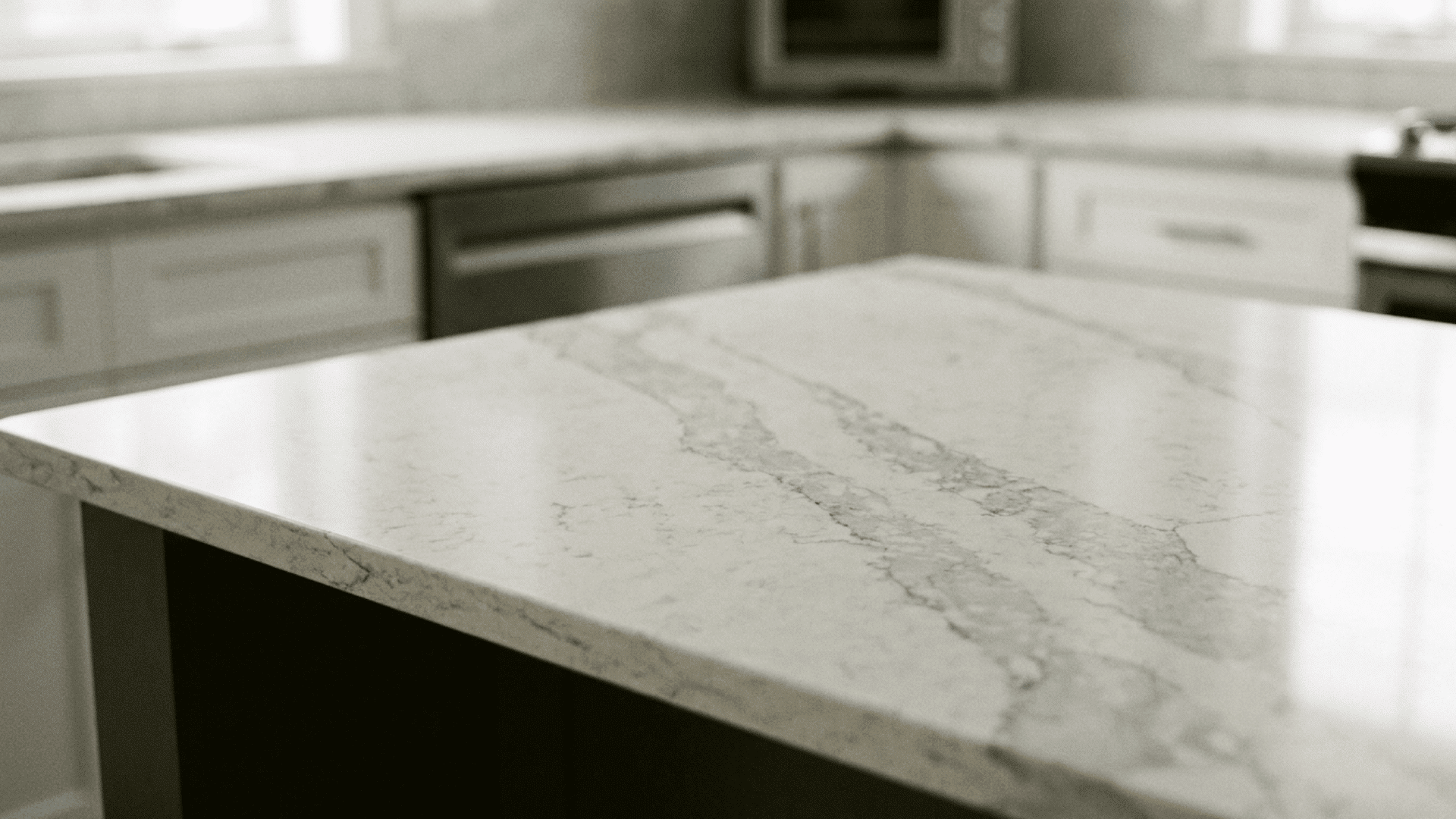 White grey veined quartz countertop modern kitchen