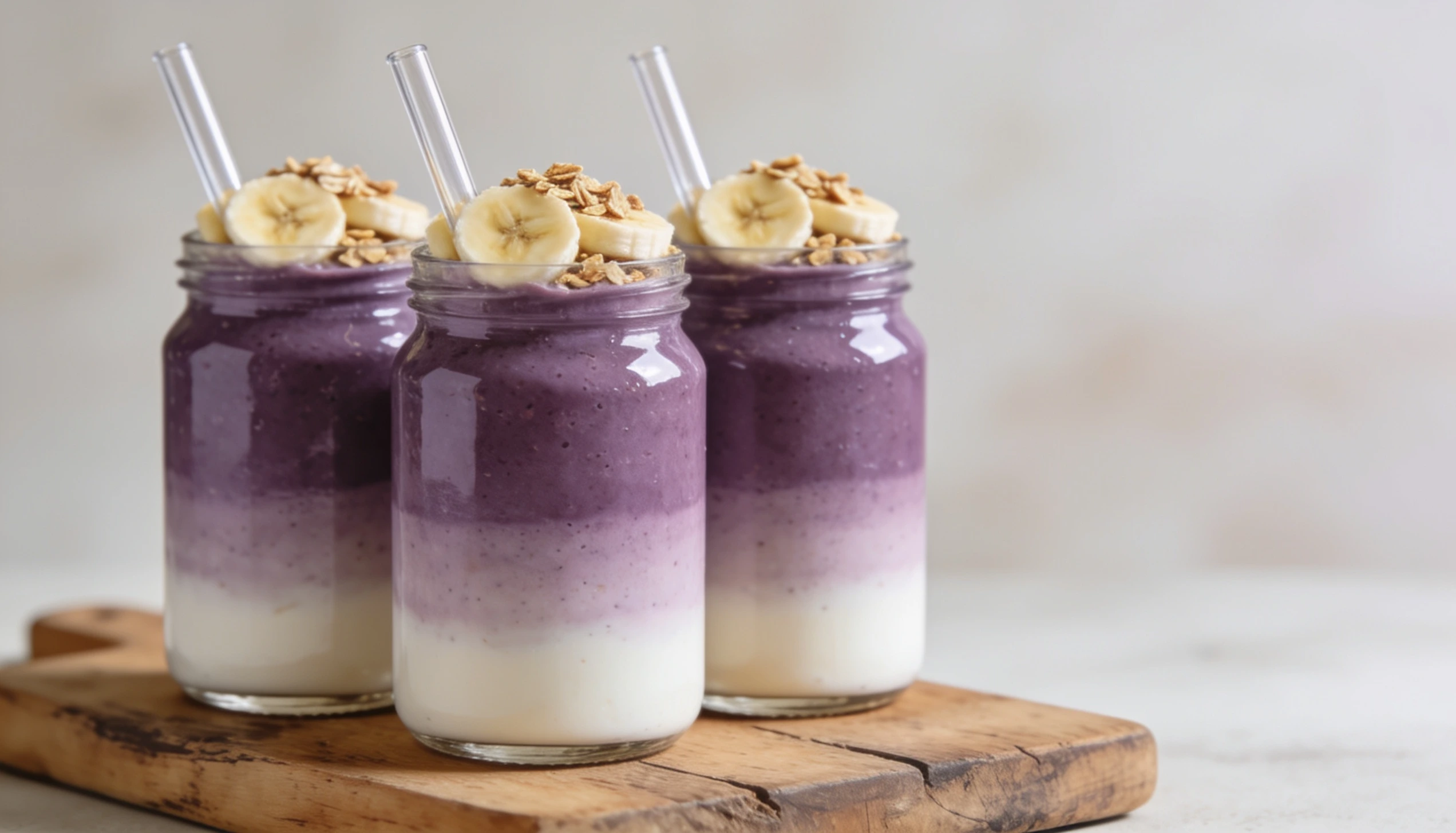 Three layered blueberry smoothies in mason jars topped with banana slices and granola.