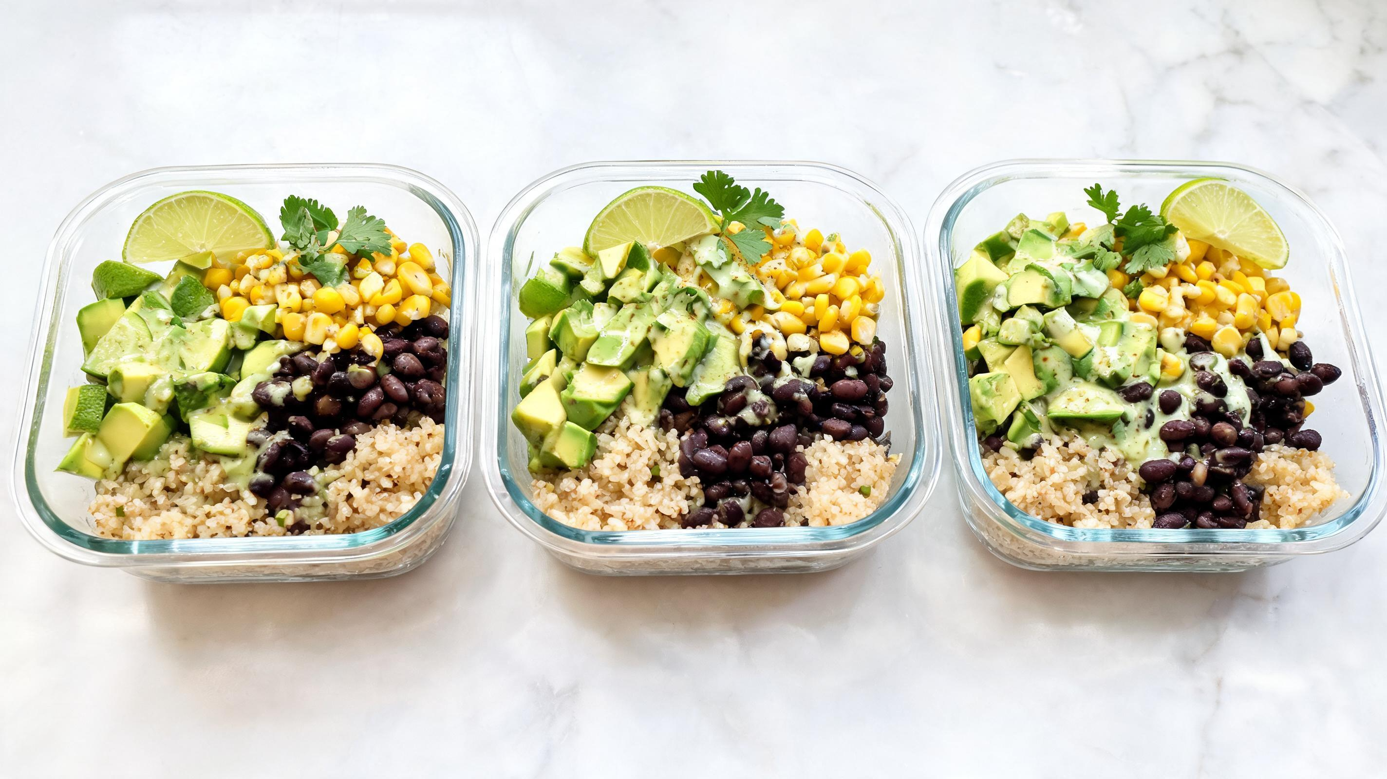 egan meal prep bowls filled with seasoned black beans and quinoa.