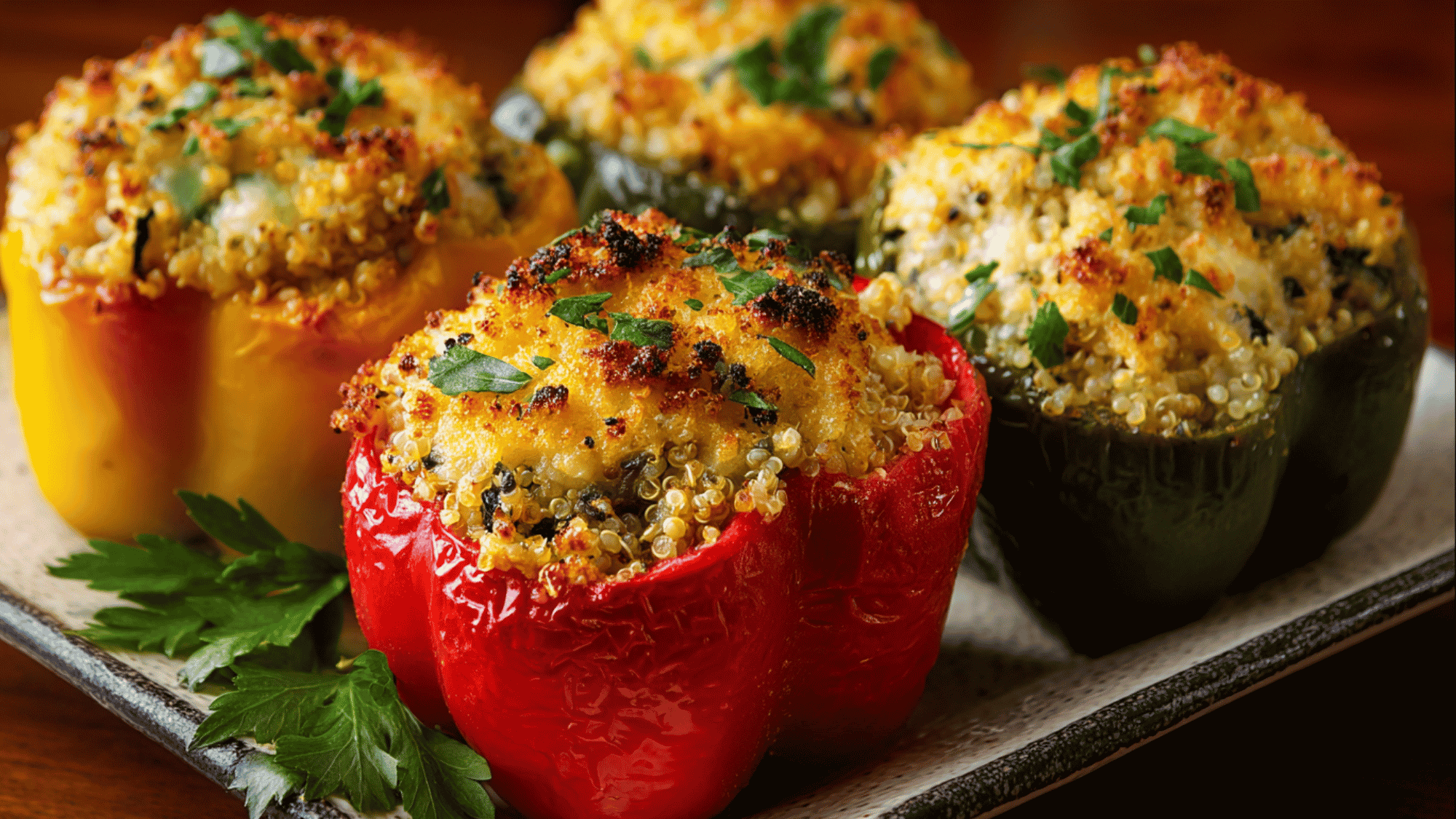 Four large bell peppers stuffed with a colorful mixture of fluffy quinoa, black beans, corn kernels, and diced tomatoes, topped with melted shredded cheddar cheese.