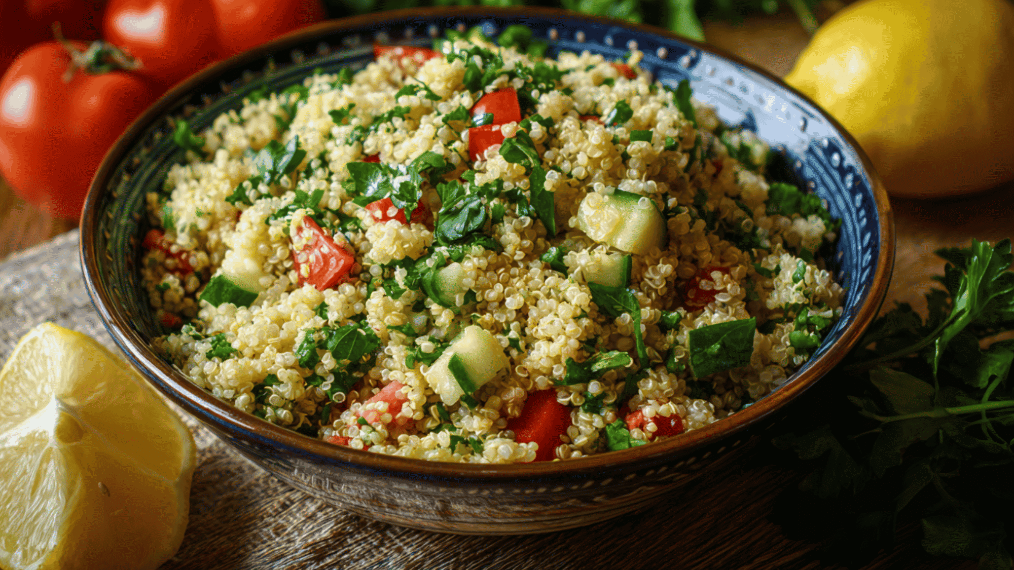 A fresh, gluten-free quinoa tabbouleh salad in a meal prep container, tossed with finely chopped parsley, mint, diced cucumber, and tomatoes.