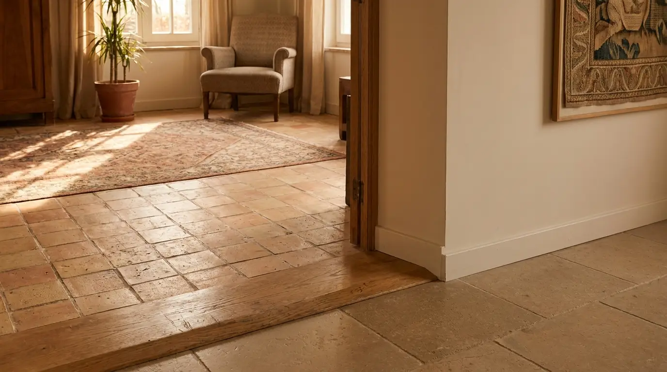 Terracotta and stone tiled floors in sunlit living room with armchair and potted plant