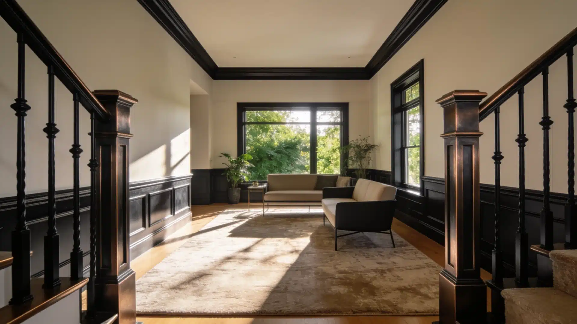 A hallway featuring black trim and white walls, with sunlight creating shadows and greenery visible through the windows.