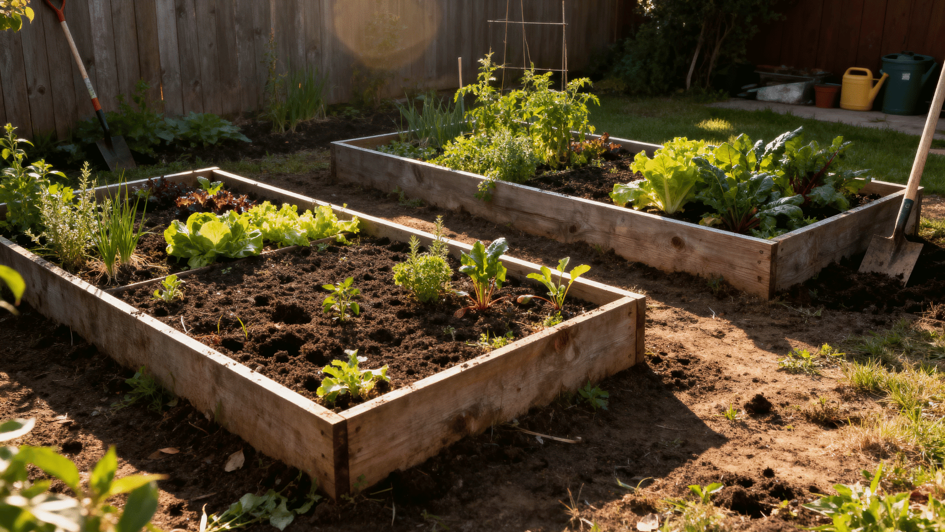 a small backyard raised bed garden with wooden planting boxes filled with vegetables and herbs, natural soil, and gardening tools in soft morning sunlight.