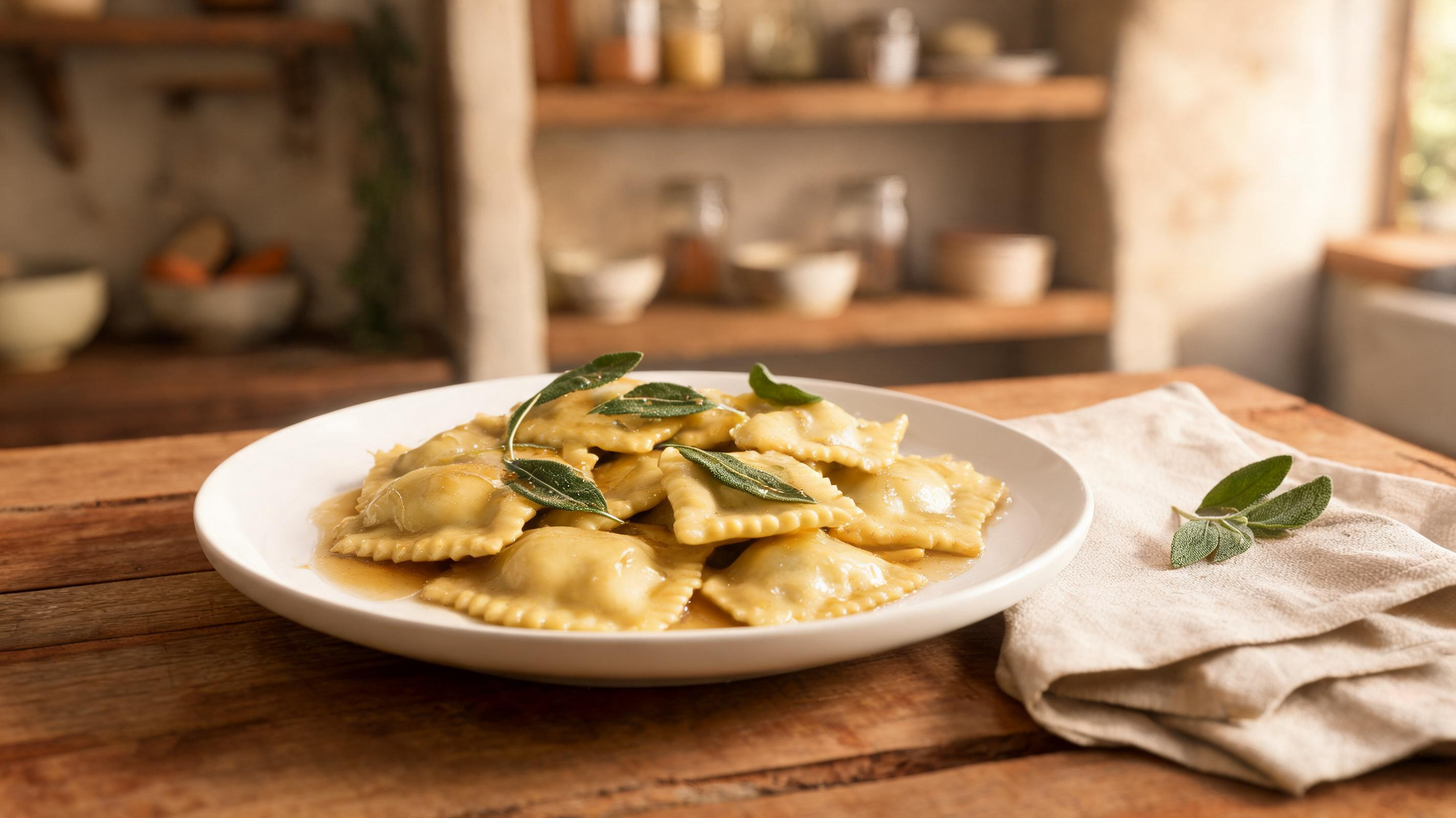 Plate of ravioli filled with ricotta and spinach, drizzled with brown butter and sage leaves.