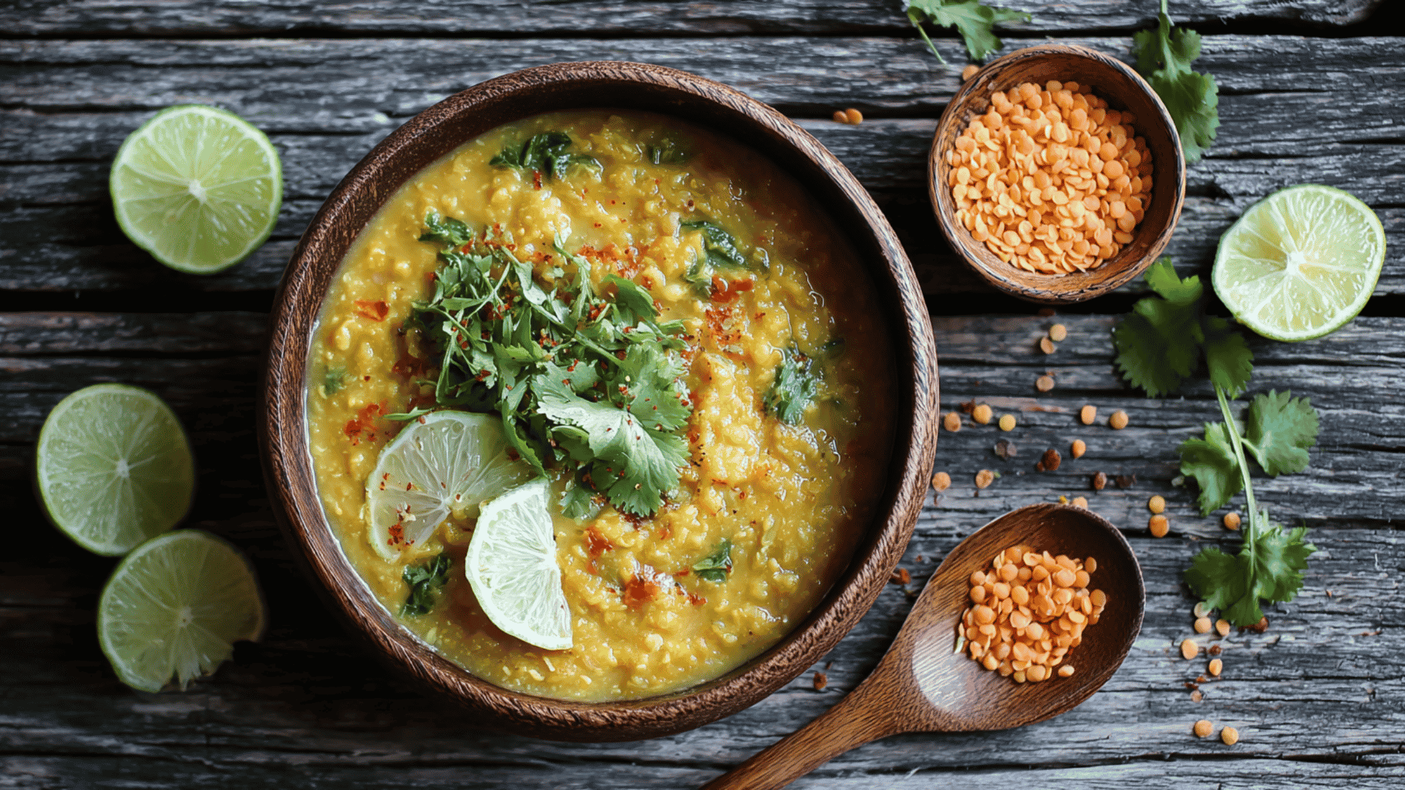 A comforting bowl of thick, spiced red lentil dal cooked with diced tomatoes and aromatic Indian spices, garnished with fresh green cilantro leaves and served over a fluffy bed of basmati rice.