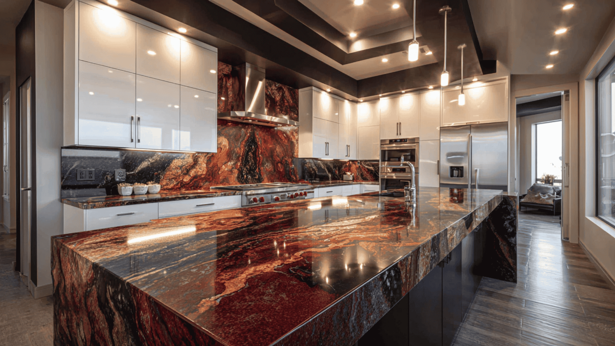 Verde Butterfly granite showing dark green stone with black, gray, and white mineral flecks.